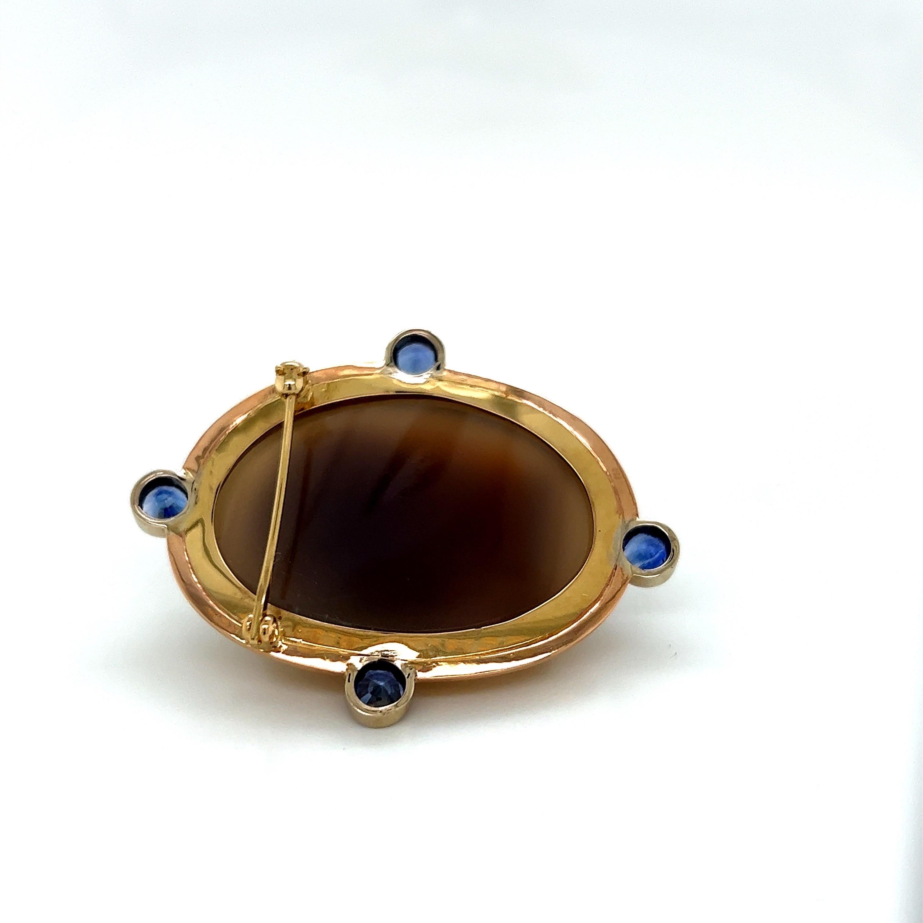 Women's or Men's Antique Cameo of a Woman Pin 18k Yellow, White and Rose Gold 2.5ct of Sapphires For Sale
