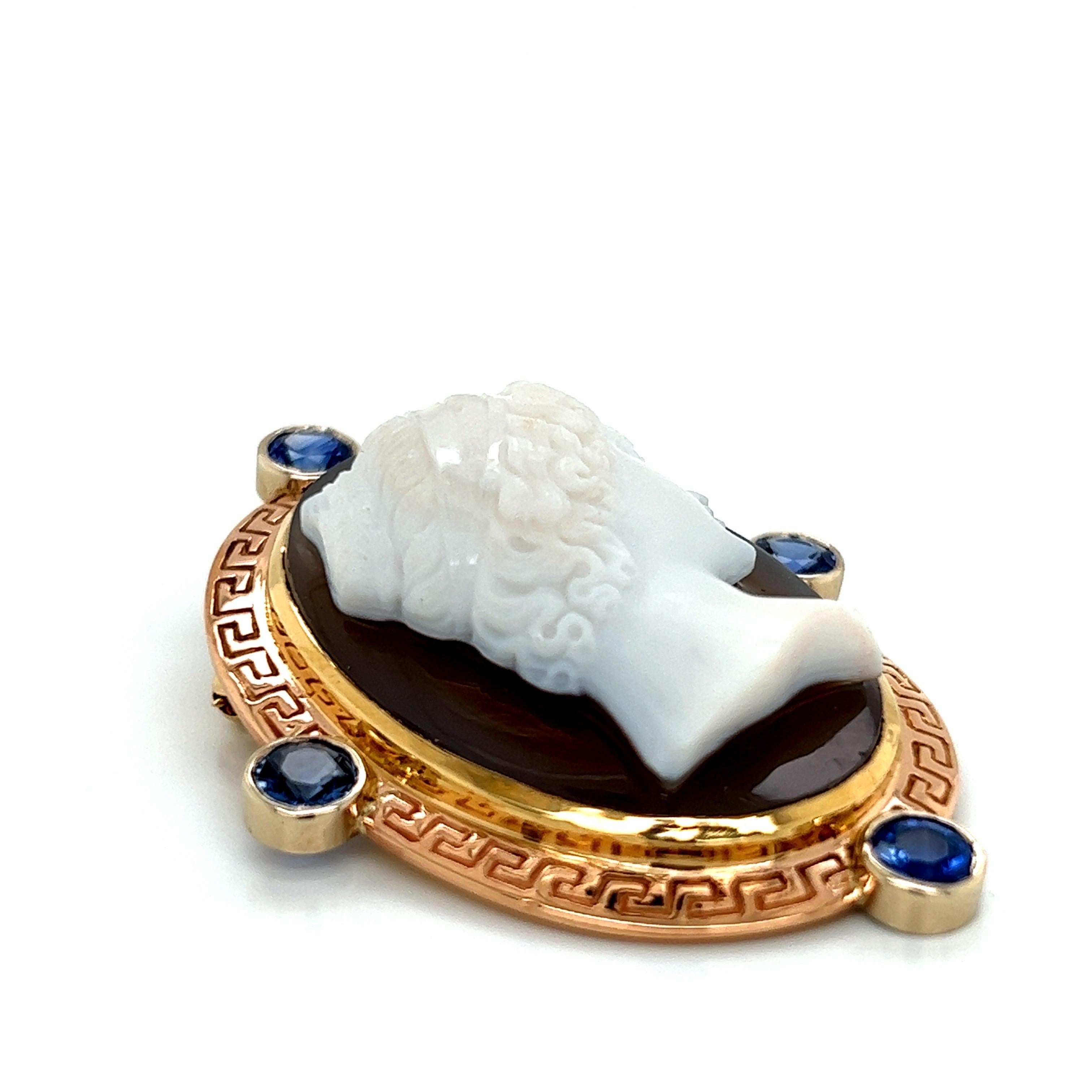 Antique Cameo of a Woman Pin 18k Yellow, White and Rose Gold 2.5ct of Sapphires For Sale 1