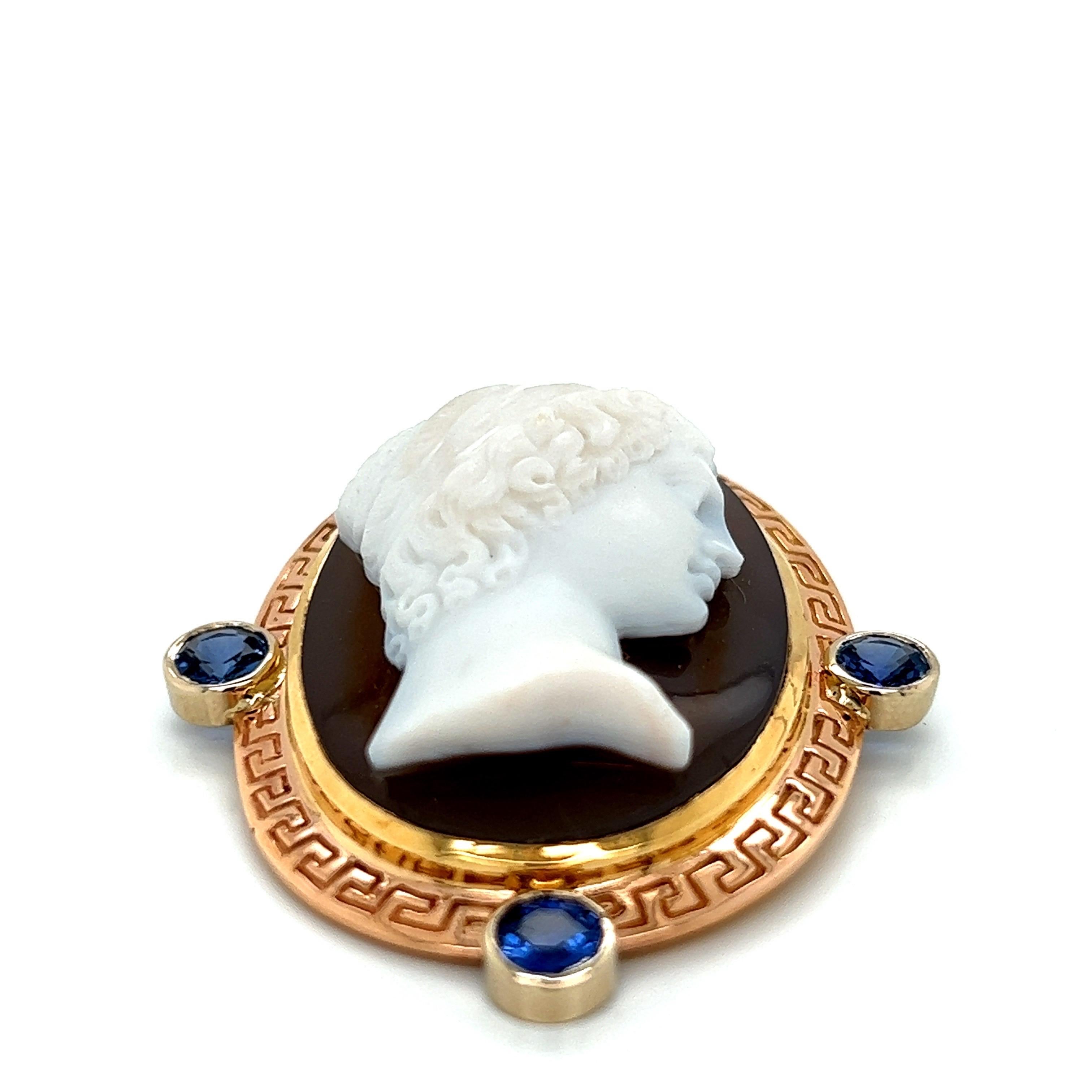 Antique Cameo of a Woman Pin 18k Yellow, White and Rose Gold 2.5ct of Sapphires For Sale 2