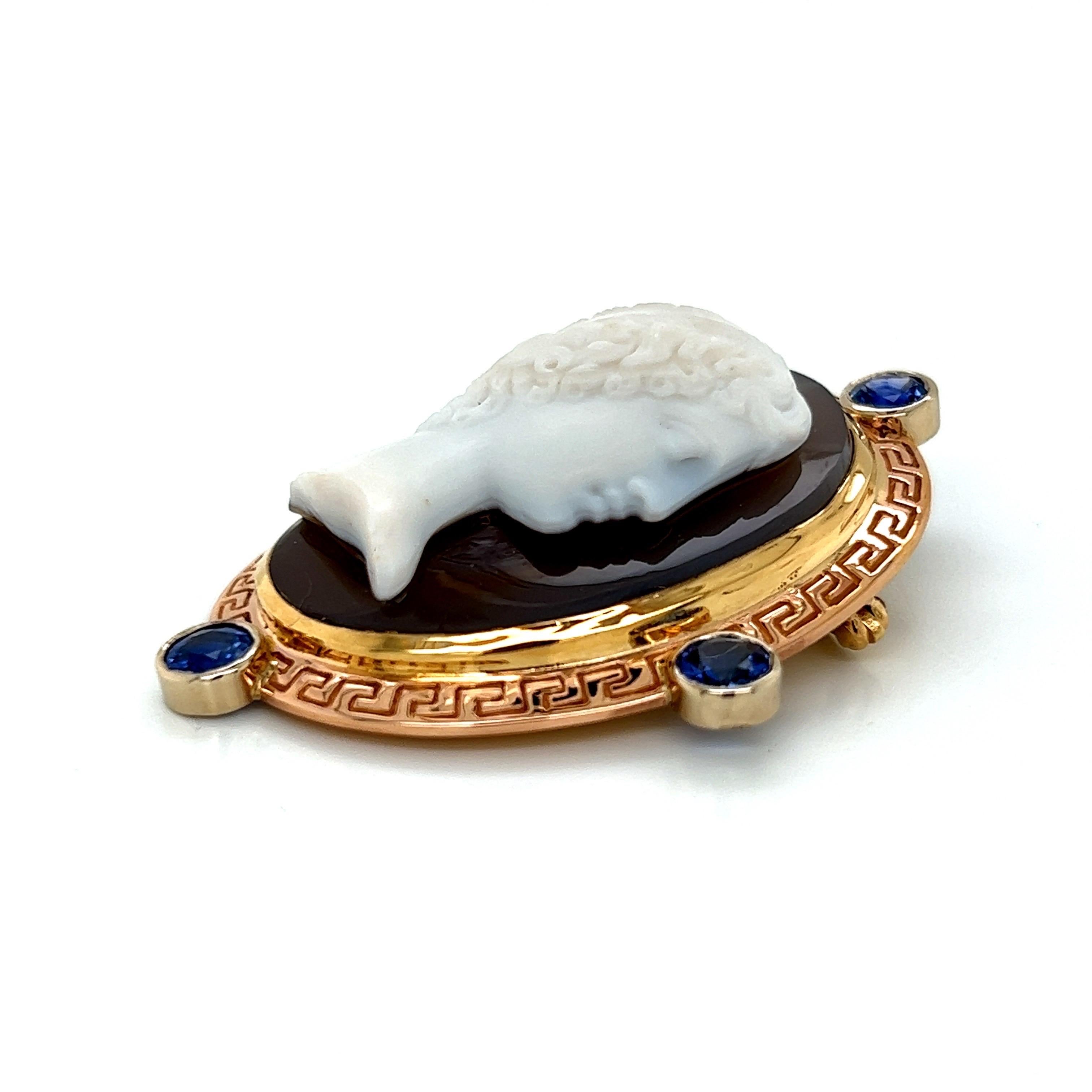 Antique Cameo of a Woman Pin 18k Yellow, White and Rose Gold 2.5ct of Sapphires For Sale 3