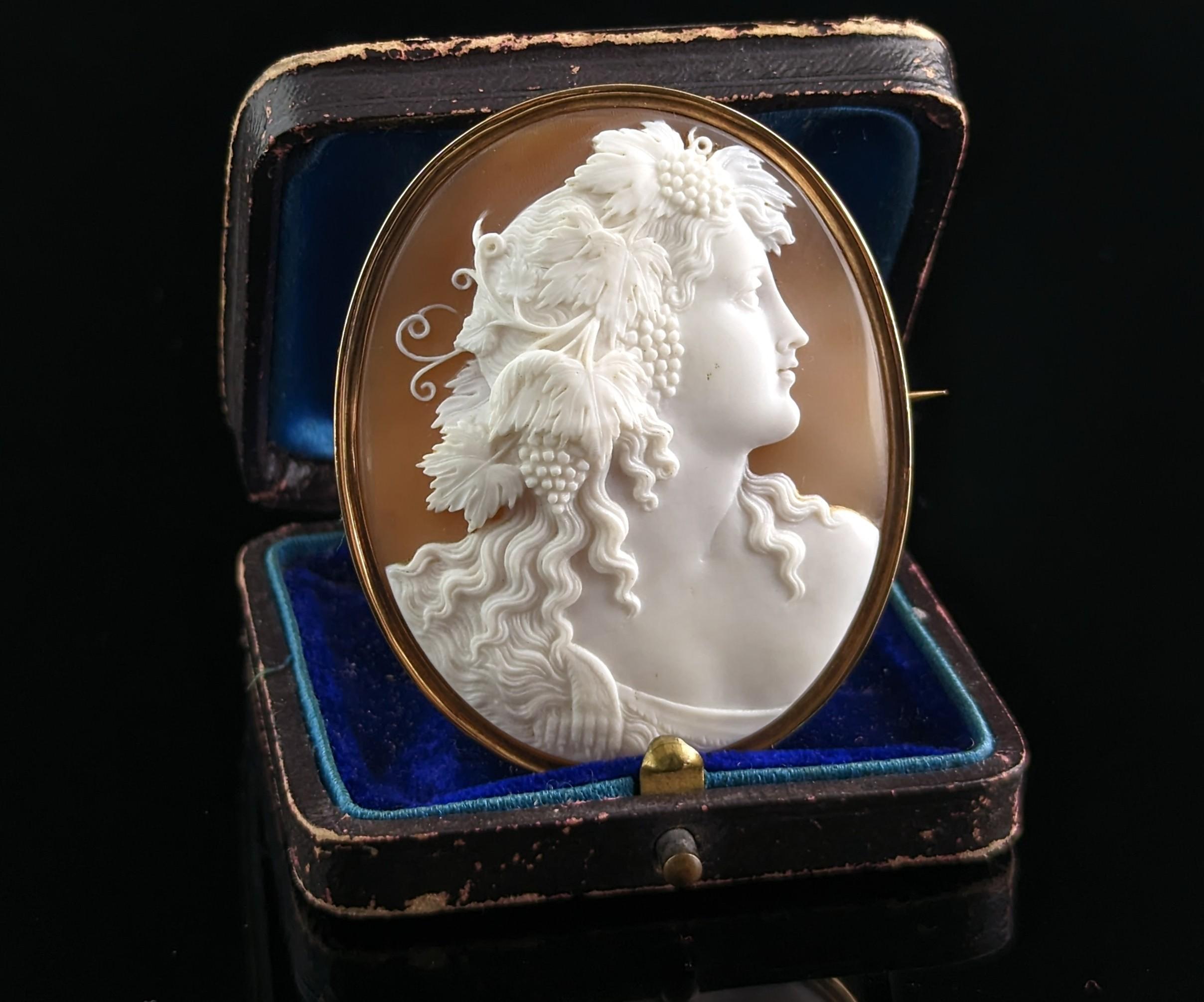 This is an exceptionally fine antique Victorian era cameo brooch pendant! If you are a fan or collector of cameos then you will know how hard these finer carvings are to find

A very nicely carved bullmouth shell cameo depicting a Bacchante housed