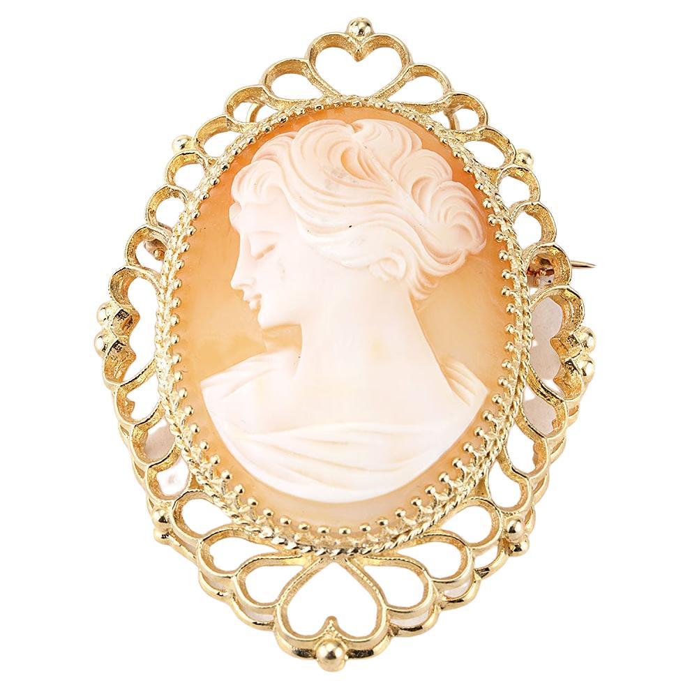 Antique Cameo Pin and Pendant with Heart Bezel in 14k Yellow Gold