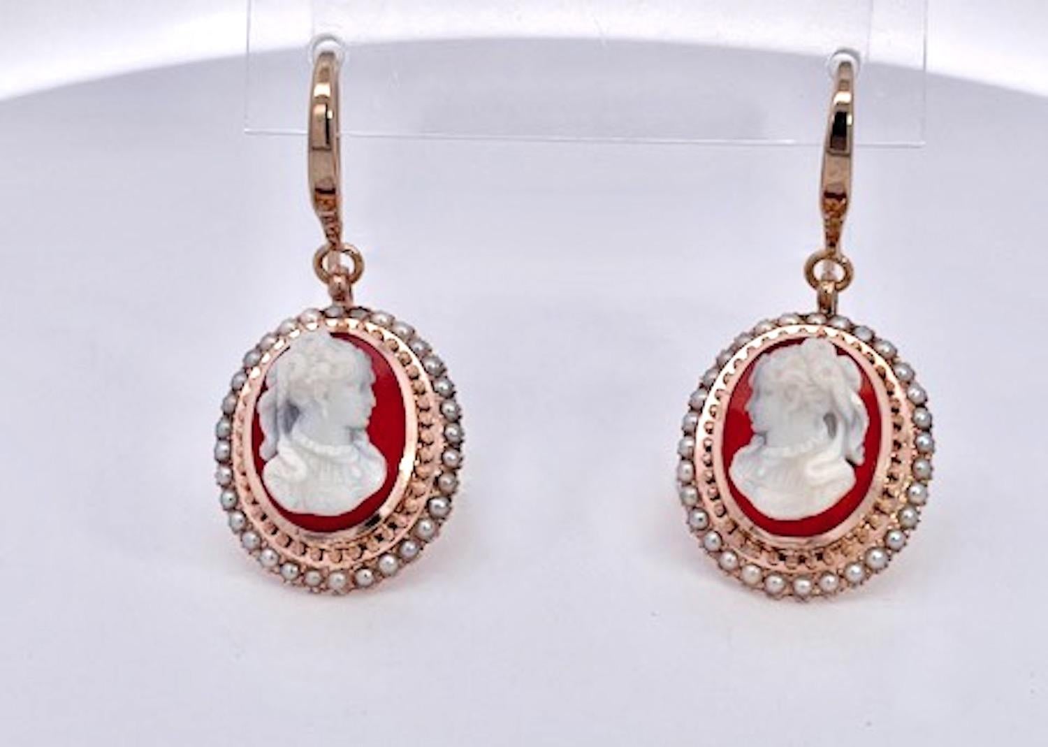 Antique Cameo set Earrings Pendant 14K Rose Gold For Sale 4