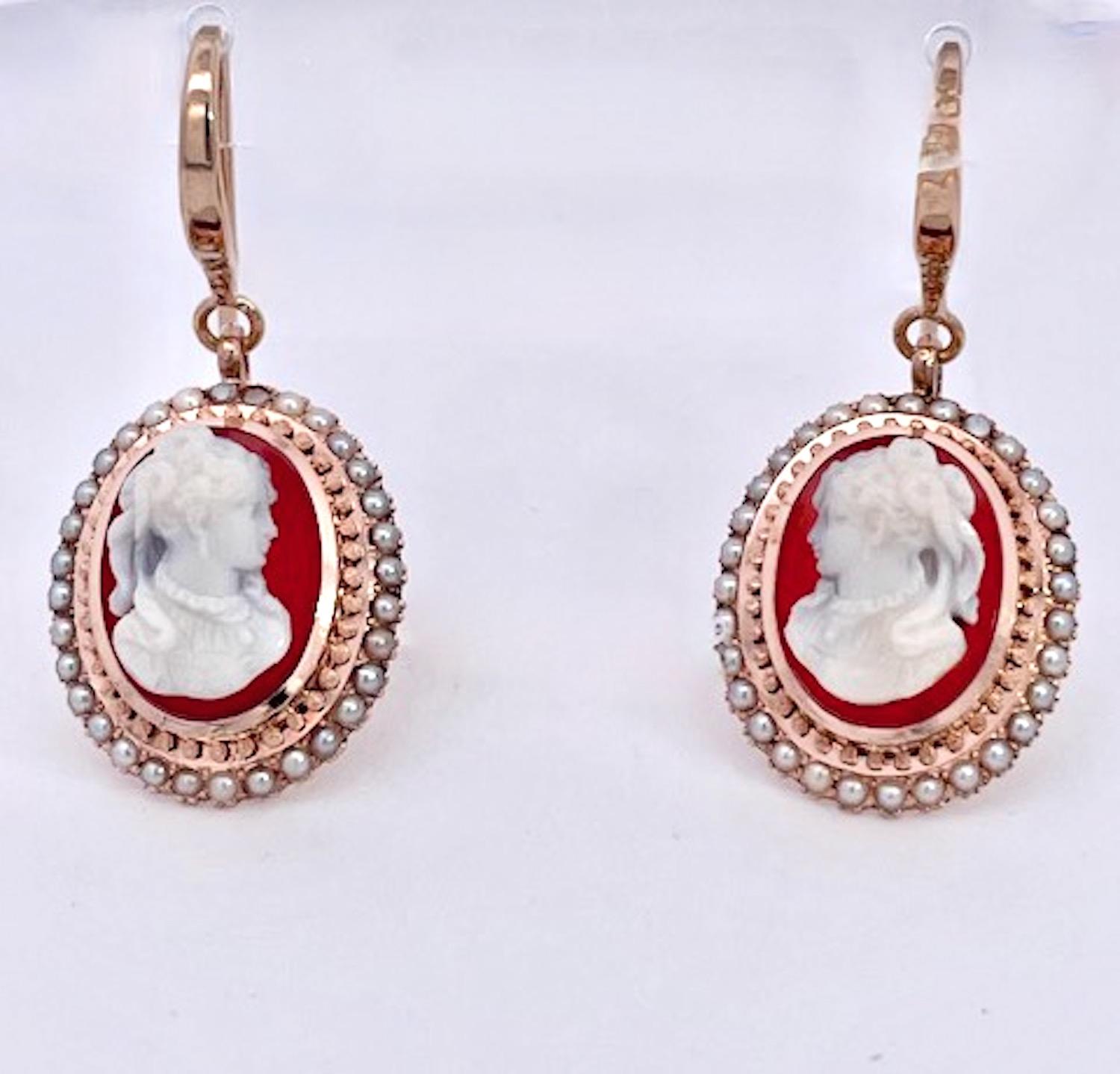 Aesthetic Movement Antique Cameo set Earrings Pendant 14K Rose Gold For Sale