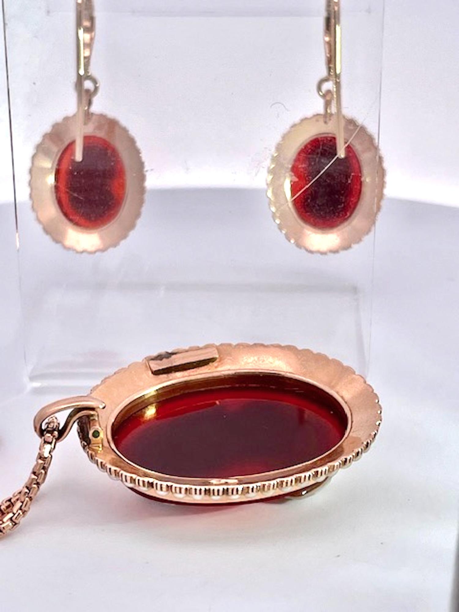 Antique Cameo set Earrings Pendant 14K Rose Gold For Sale 1