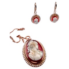 Antique Cameo set Earrings Pendant 14K Rose Gold