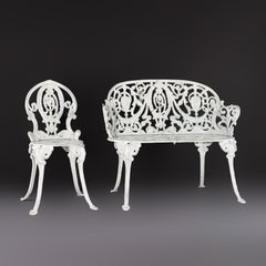 Antique Cameo White Painted Cast Iron Garden Set with Settee & Chair c1900