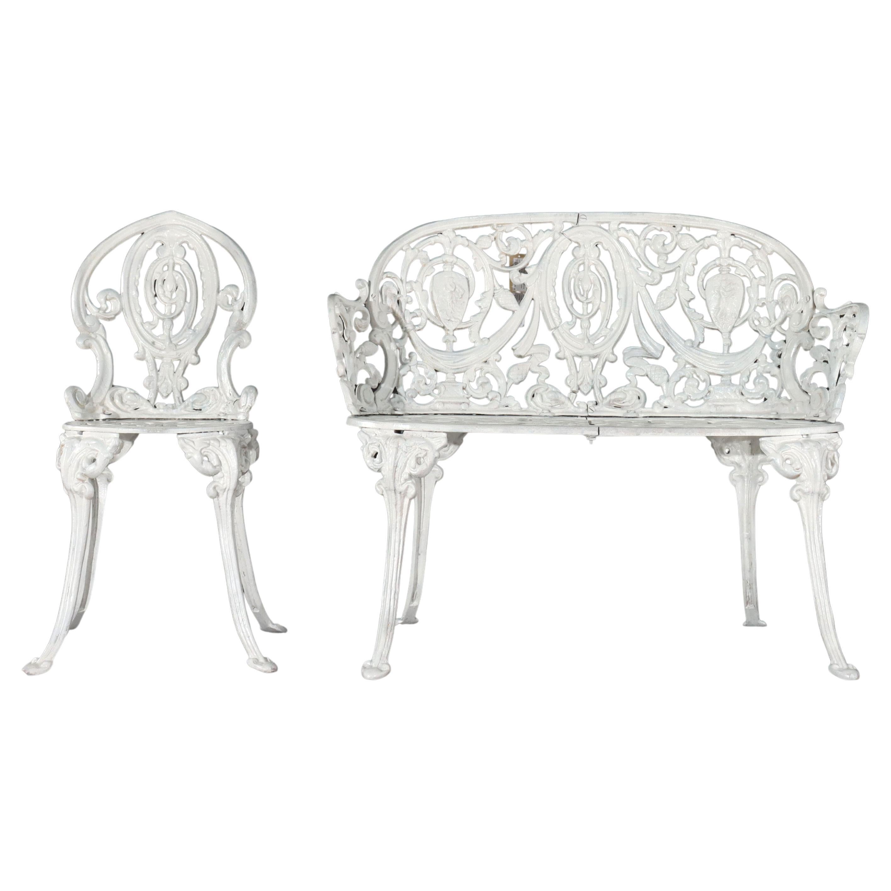 Antique Cameo White Painted Cast Iron Garden Set with Settee & Chair c1900