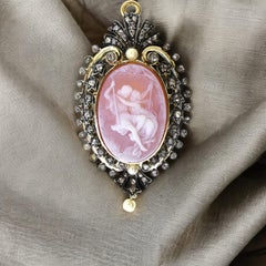 Antique Cameo, with Rose Cut Diamonds and Natural Pearls, Pin/Pendant, c. 1890.