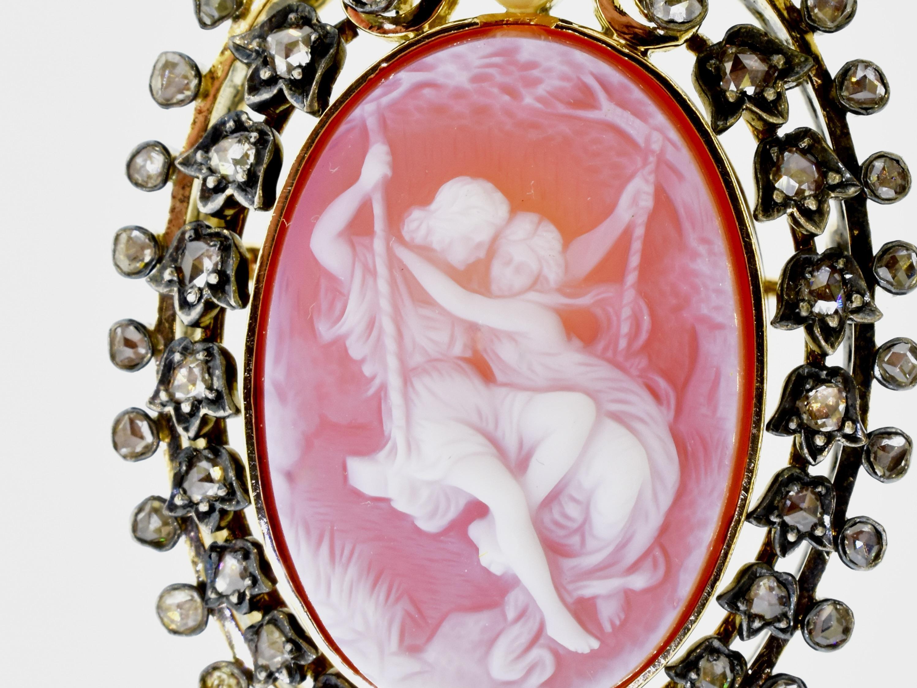 Antike Kamee, mit Diamanten im Rosenschliff und natürlichen Perlen, Anstecknadel/Anhänger, um 1890. im Angebot 2