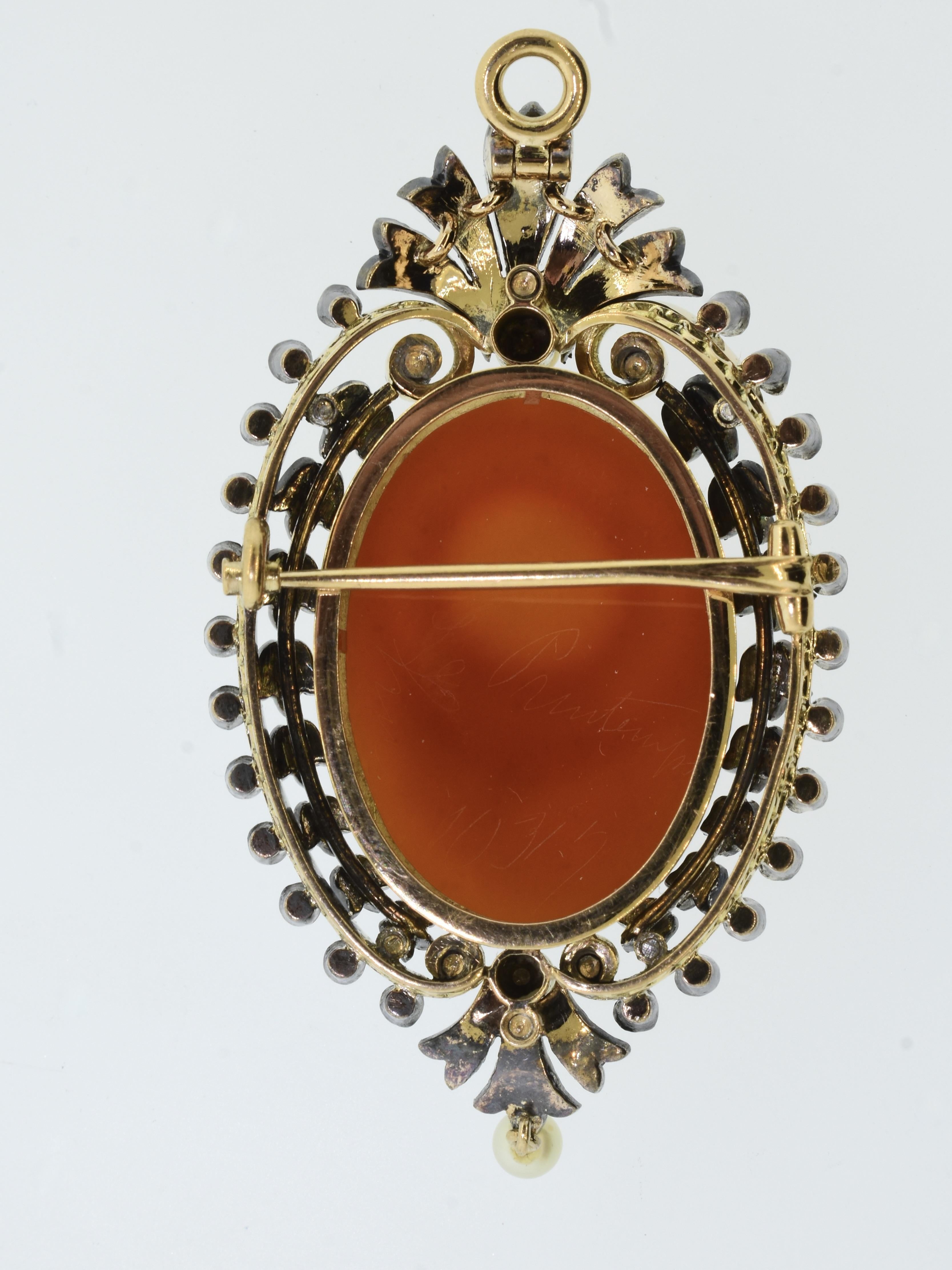 Antike Kamee, mit Diamanten im Rosenschliff und natürlichen Perlen, Anstecknadel/Anhänger, um 1890. im Angebot 3