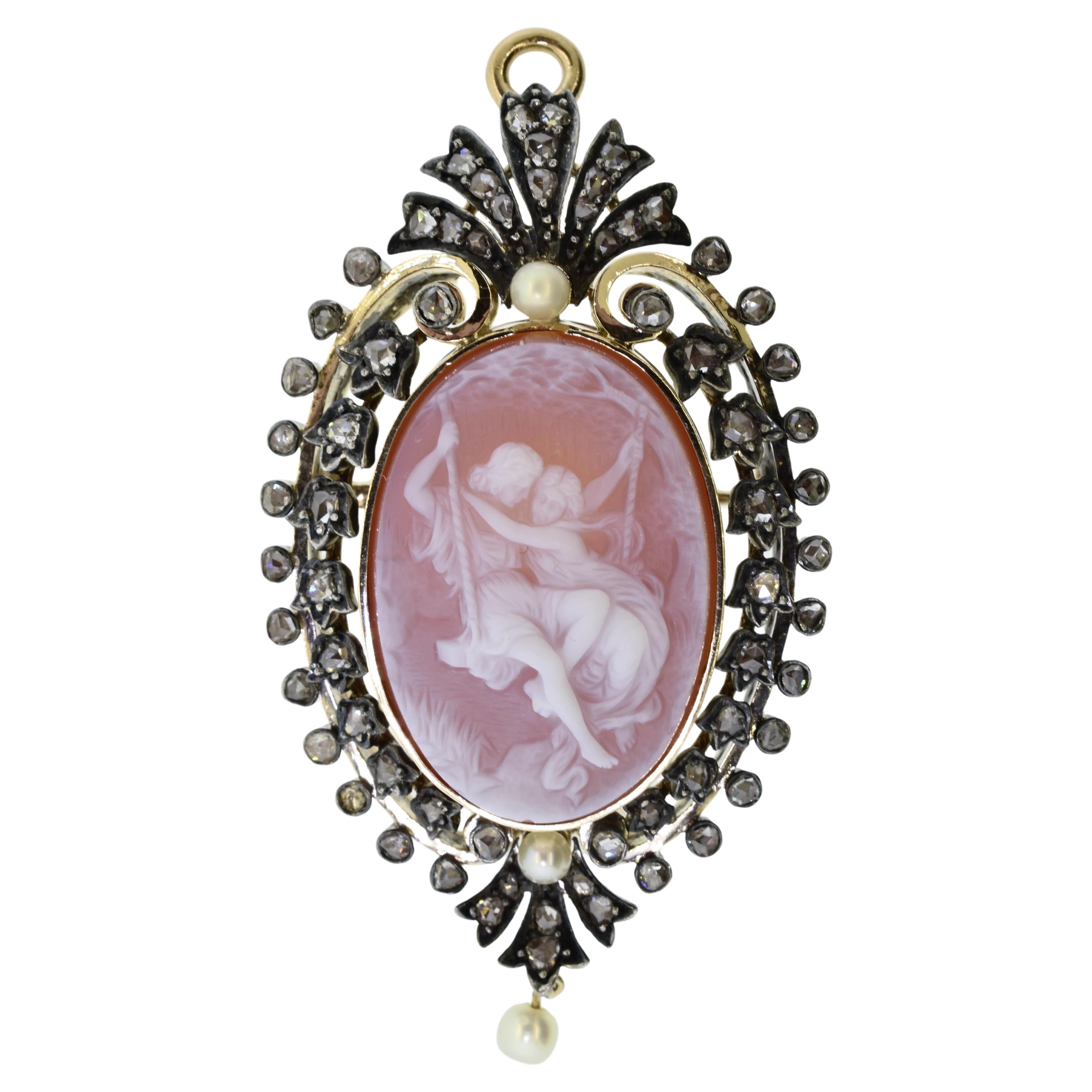 Antike Kamee, mit Diamanten im Rosenschliff und natürlichen Perlen, Anstecknadel/Anhänger, um 1890. (Spätviktorianisch) im Angebot