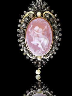 Antique Cameo, with Rose Cut Diamonds and Natural Pearls, Pin/Pendant, c. 1890.