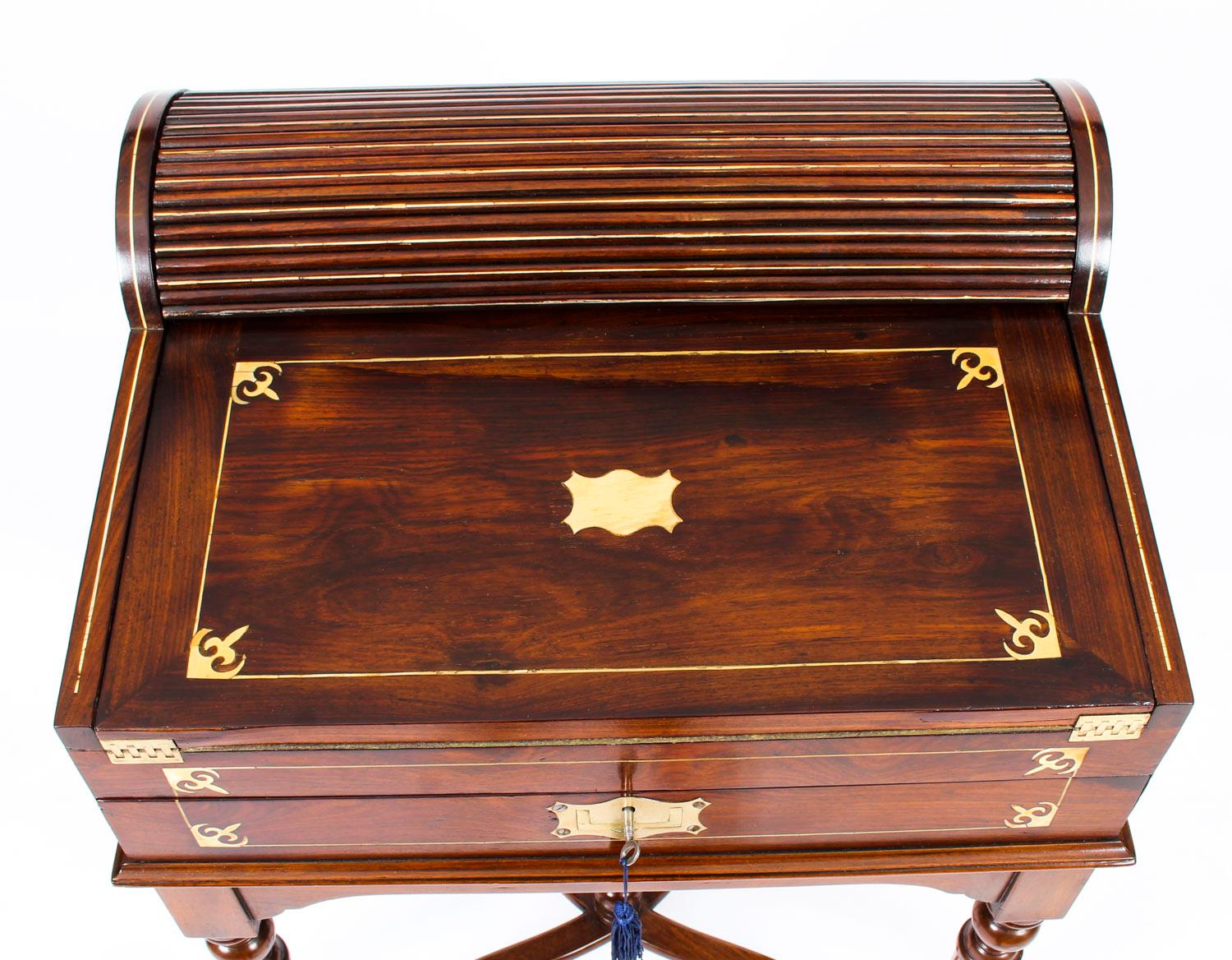 Mid-19th Century Antique Campaign Anglo-Indian Padouk Tambour Writing Slope Desk, 19th Century