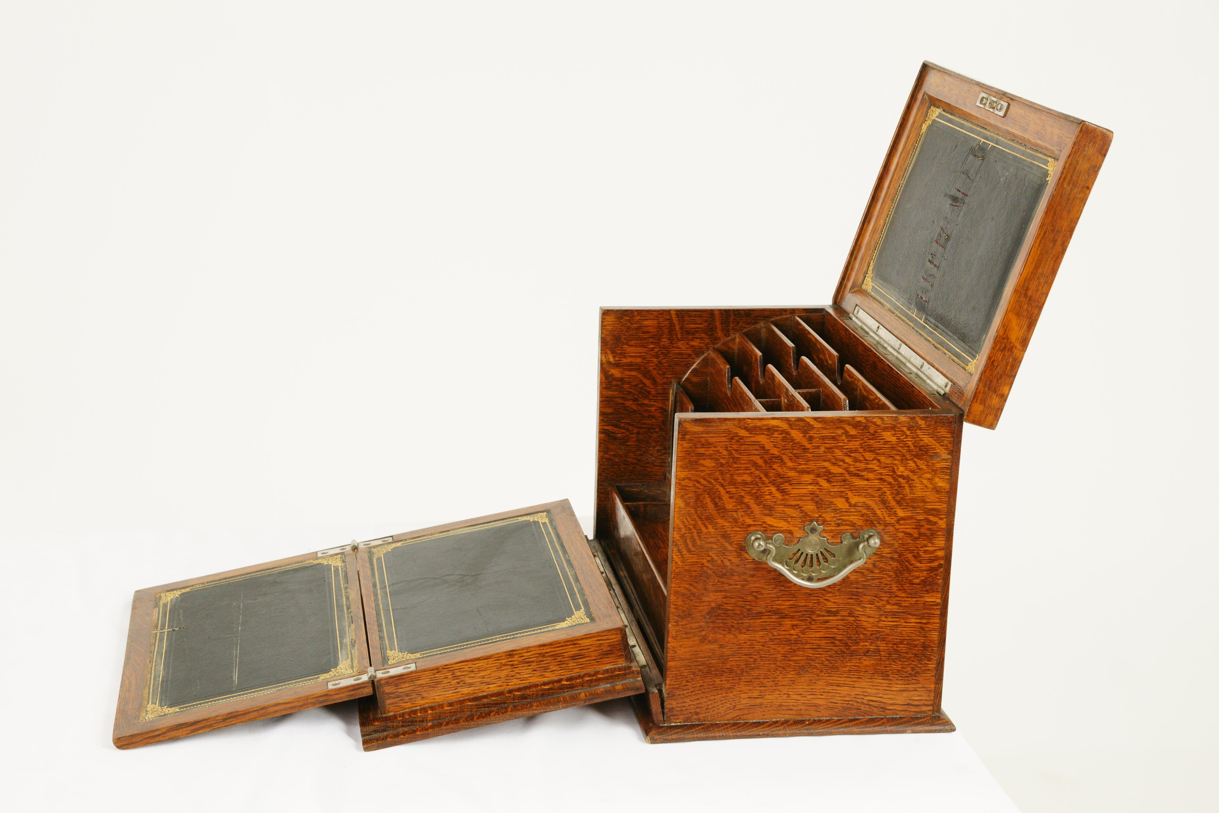 Antique campaign box, stationery box, Victorian writing box, oak desk, tiger oak, Scotland 1890, B1703

Scotland 1890
Solid tiger oak with original finish
Rectangular top lifts up and the front falls down to reveal a fitted interior
Letter