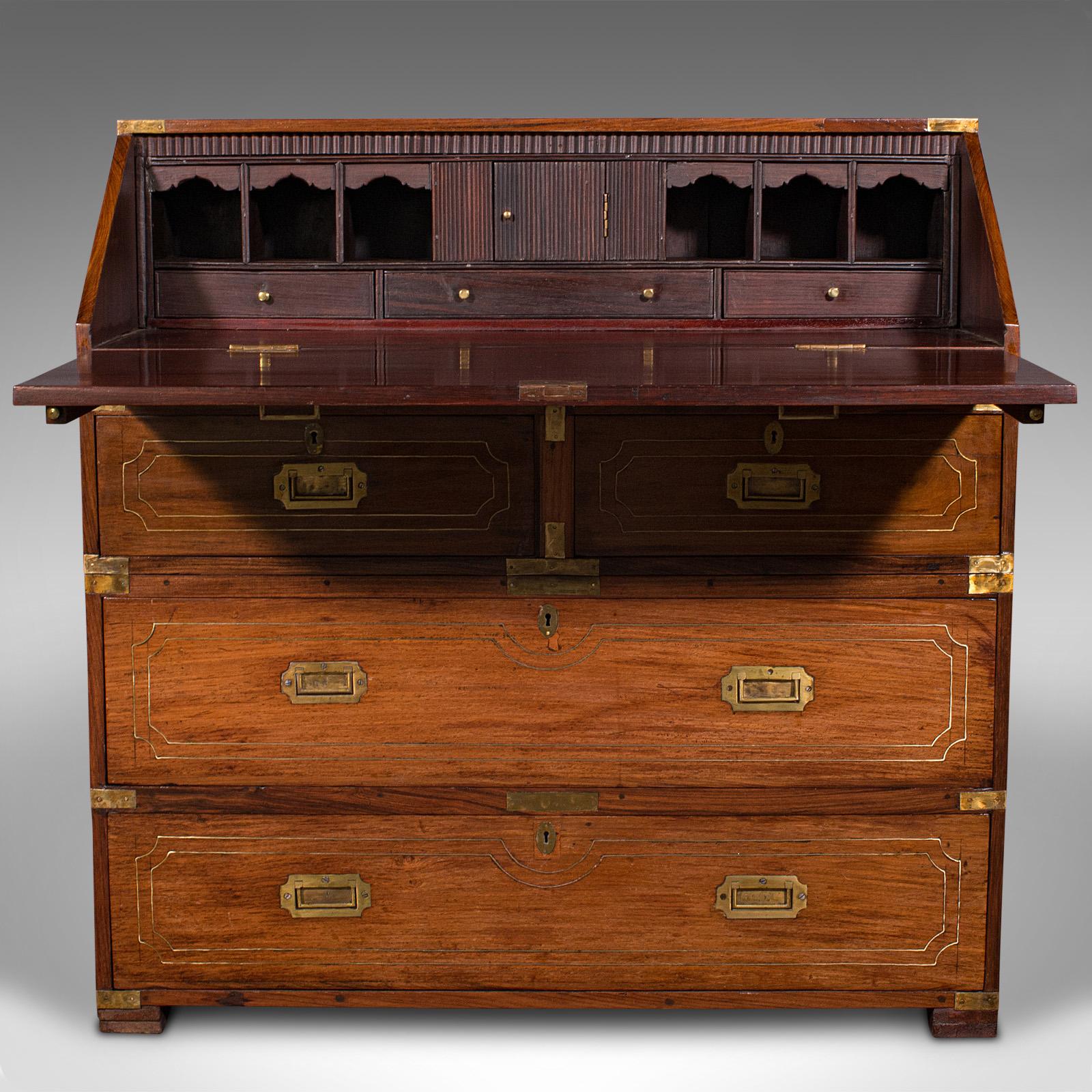 Antique Campaign Bureau, Anglo Indian, Teak, Colonial Writing Desk, Victorian In Good Condition For Sale In Hele, Devon, GB