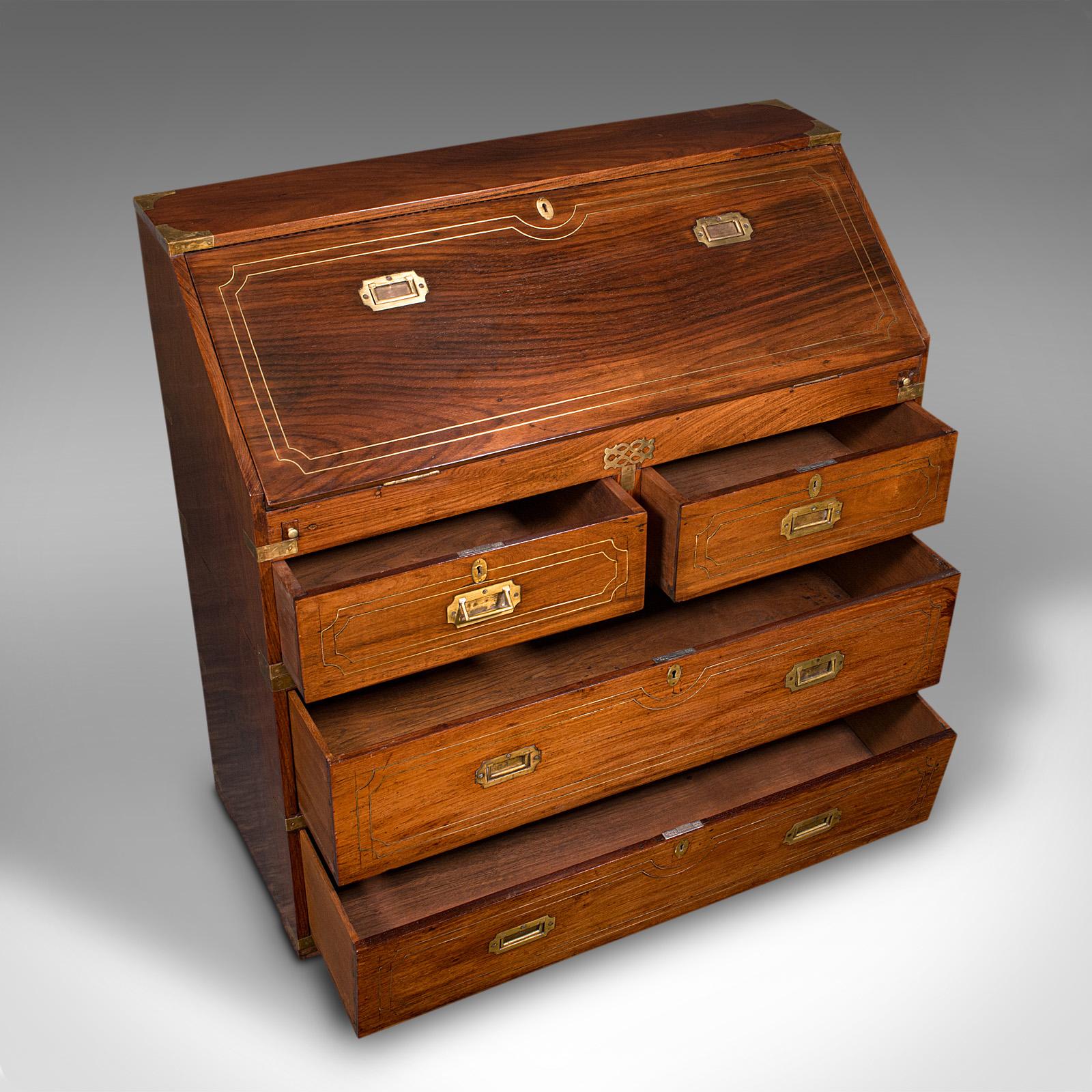 Antique Campaign Bureau, Anglo Indian, Teak, Colonial Writing Desk, Victorian For Sale 3