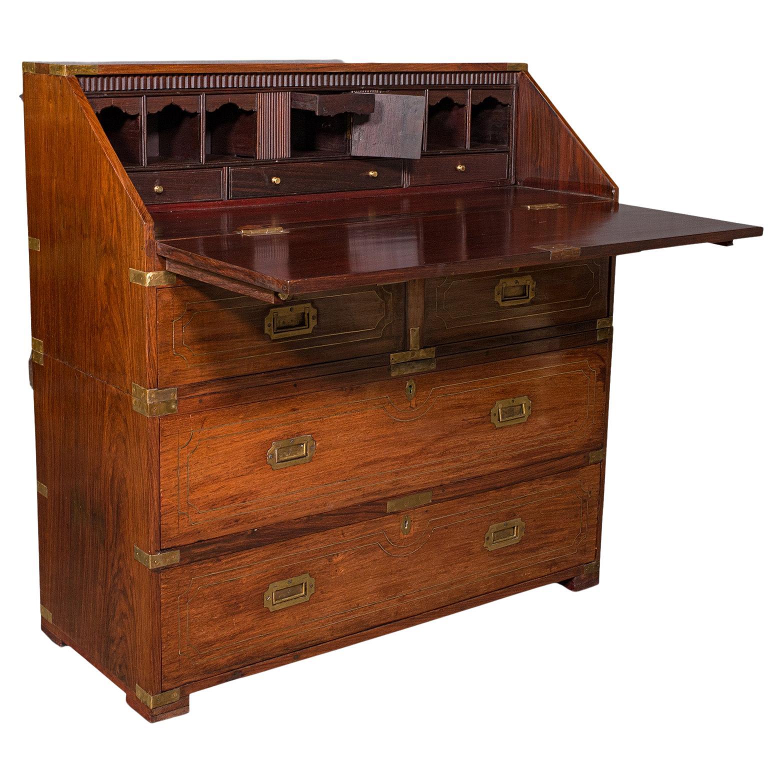 Antique Campaign Bureau, Anglo Indian, Teak, Colonial Writing Desk, Victorian For Sale