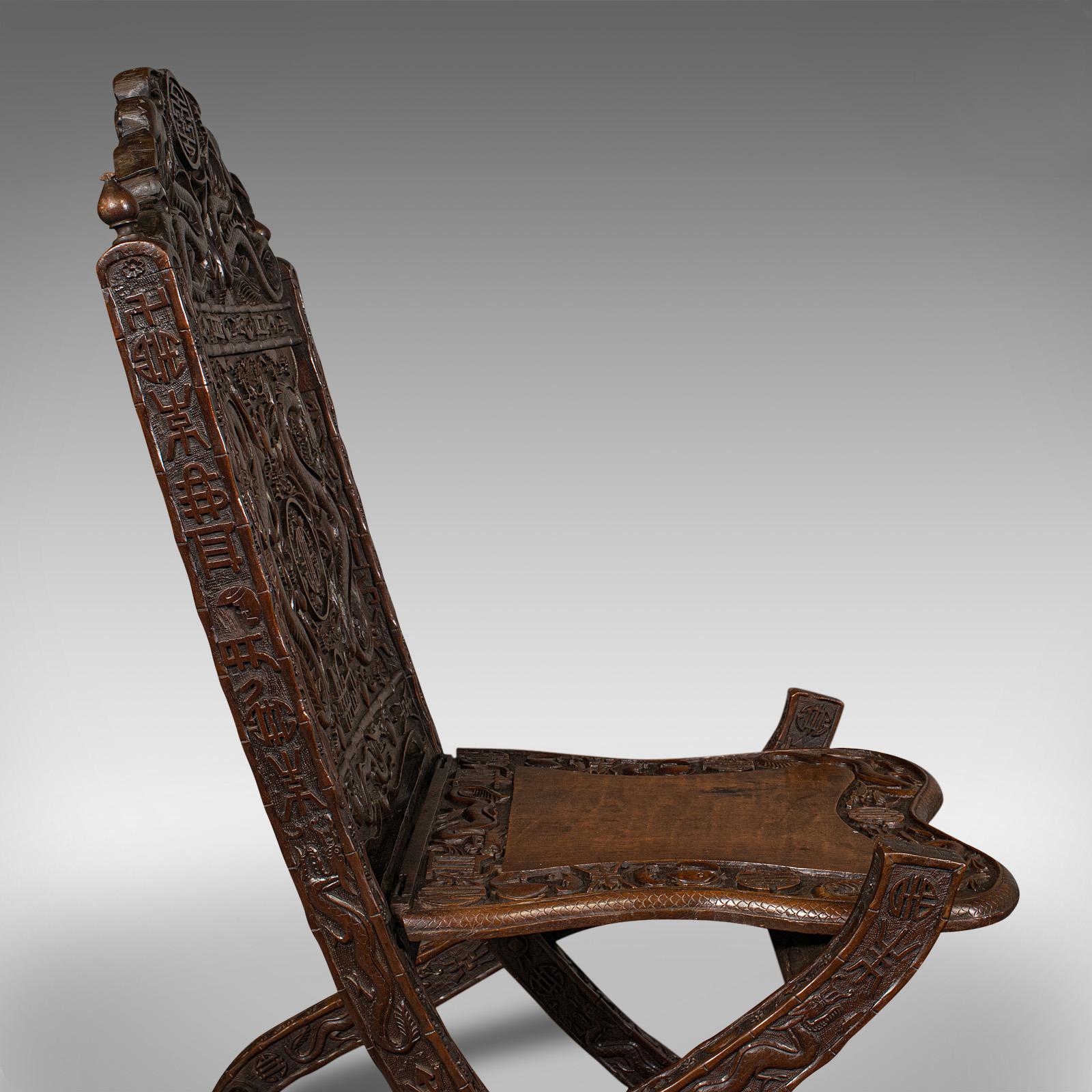 Antique Campaign Chair, Chinese, Carved, Folding Colonial Seat, Victorian, 1850 5