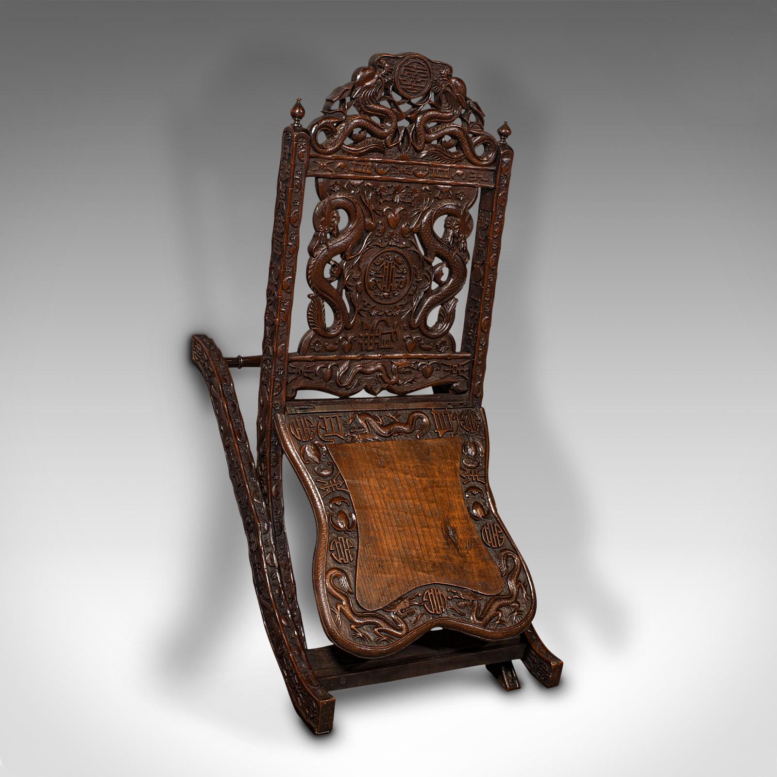 Antique Campaign Chair, Chinese, Carved, Folding Colonial Seat, Victorian, 1850 7