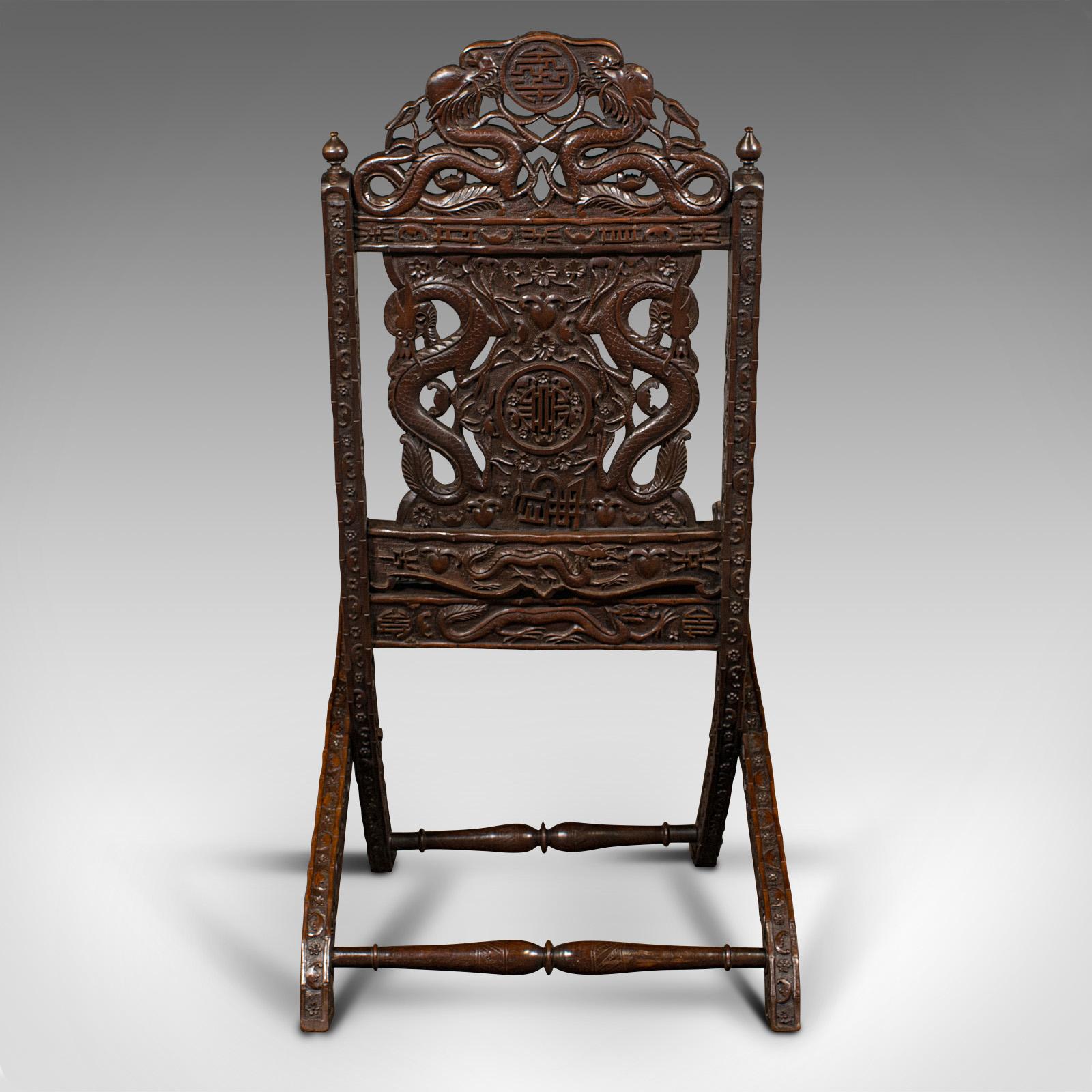 Wood Antique Campaign Chair, Chinese, Carved, Folding Colonial Seat, Victorian, 1850