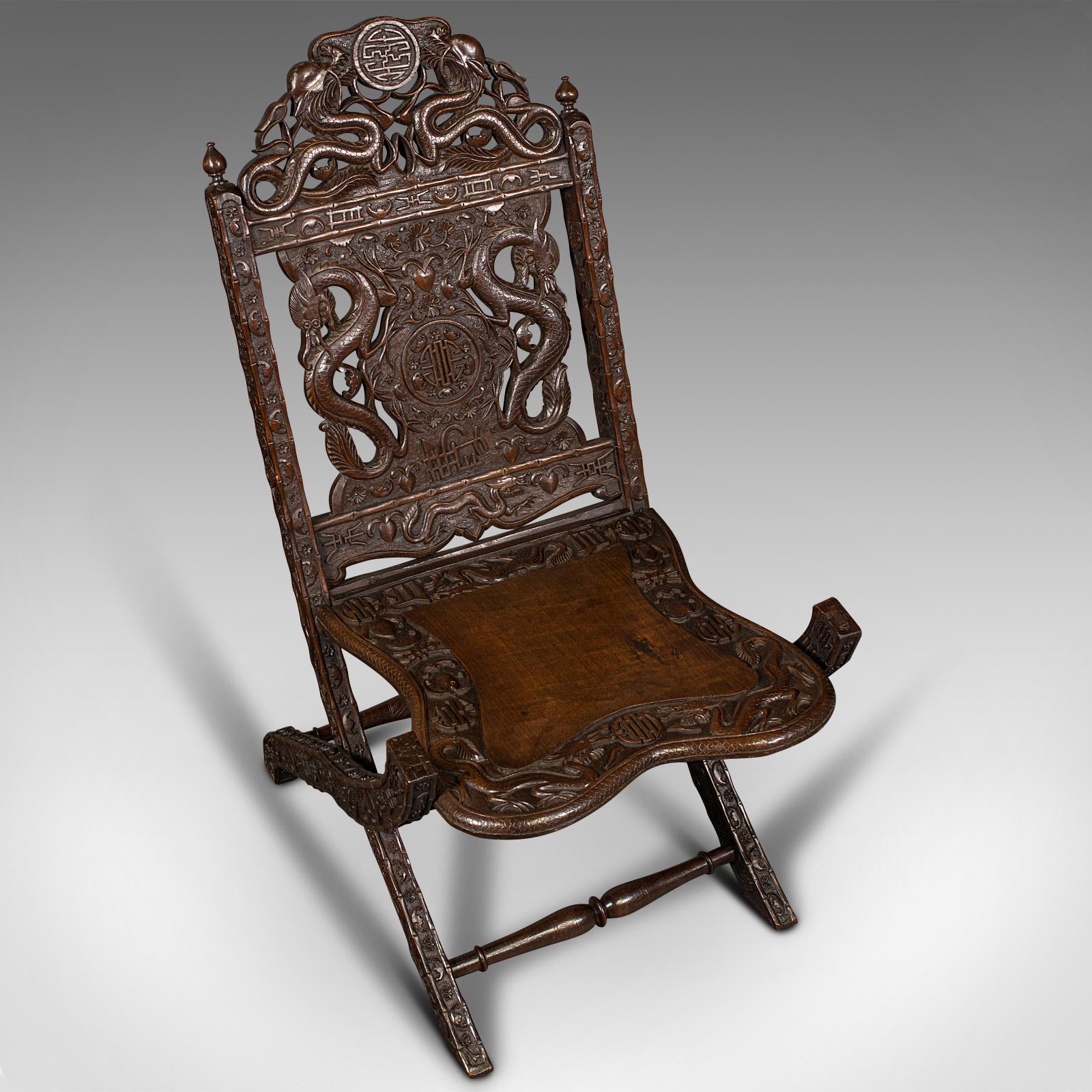 Antique Campaign Chair, Chinese, Carved, Folding Colonial Seat, Victorian, 1850 1