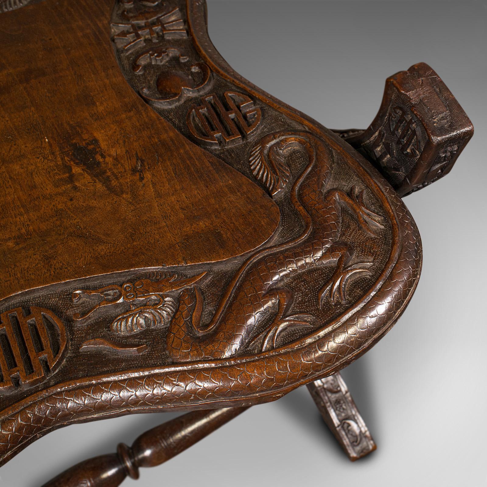 Antique Campaign Chair, Chinese, Carved, Folding Colonial Seat, Victorian, 1850 4