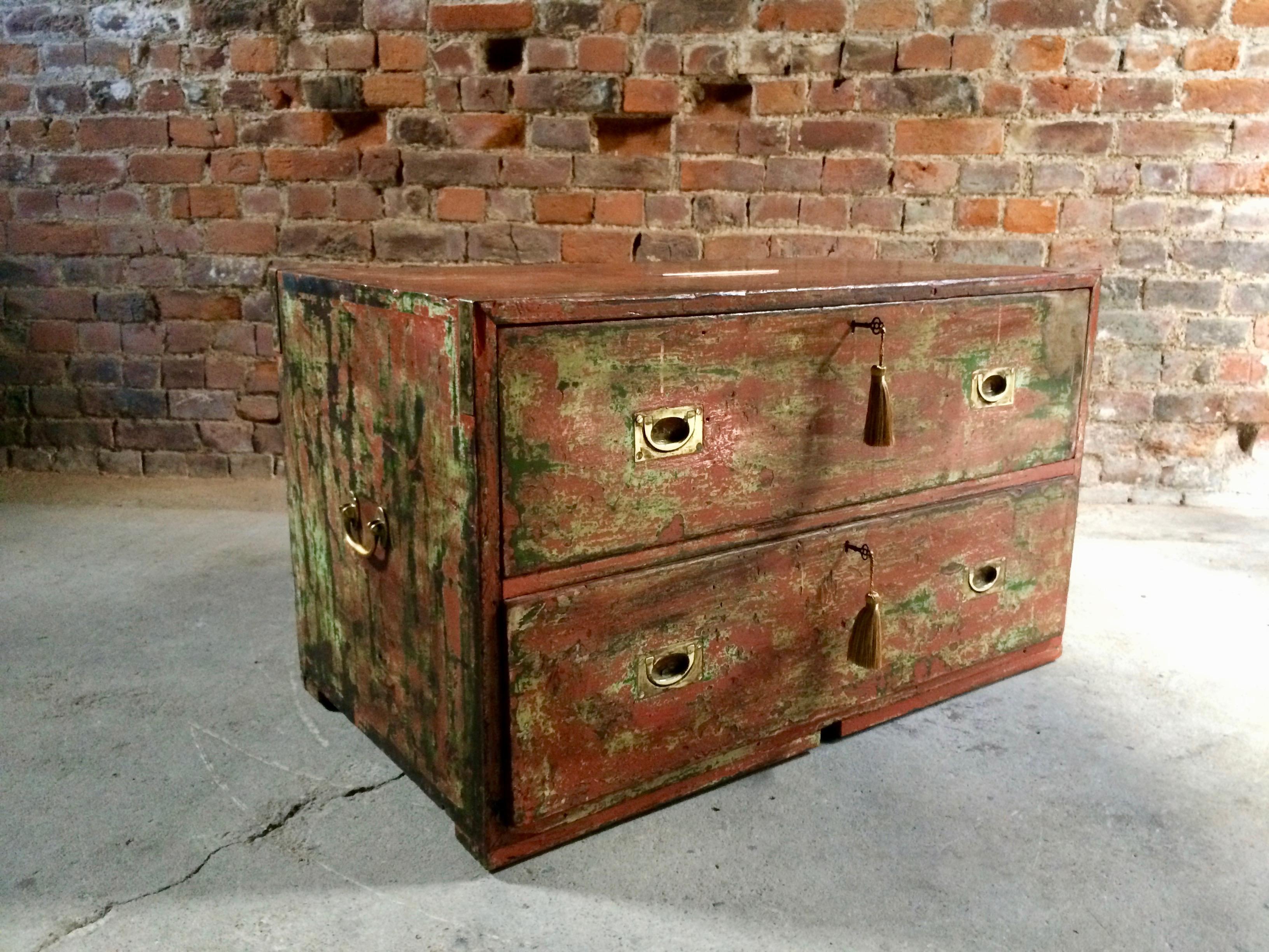Antique Campaign Chest of Drawers Coffee Table Distressed Painted Victorian 4