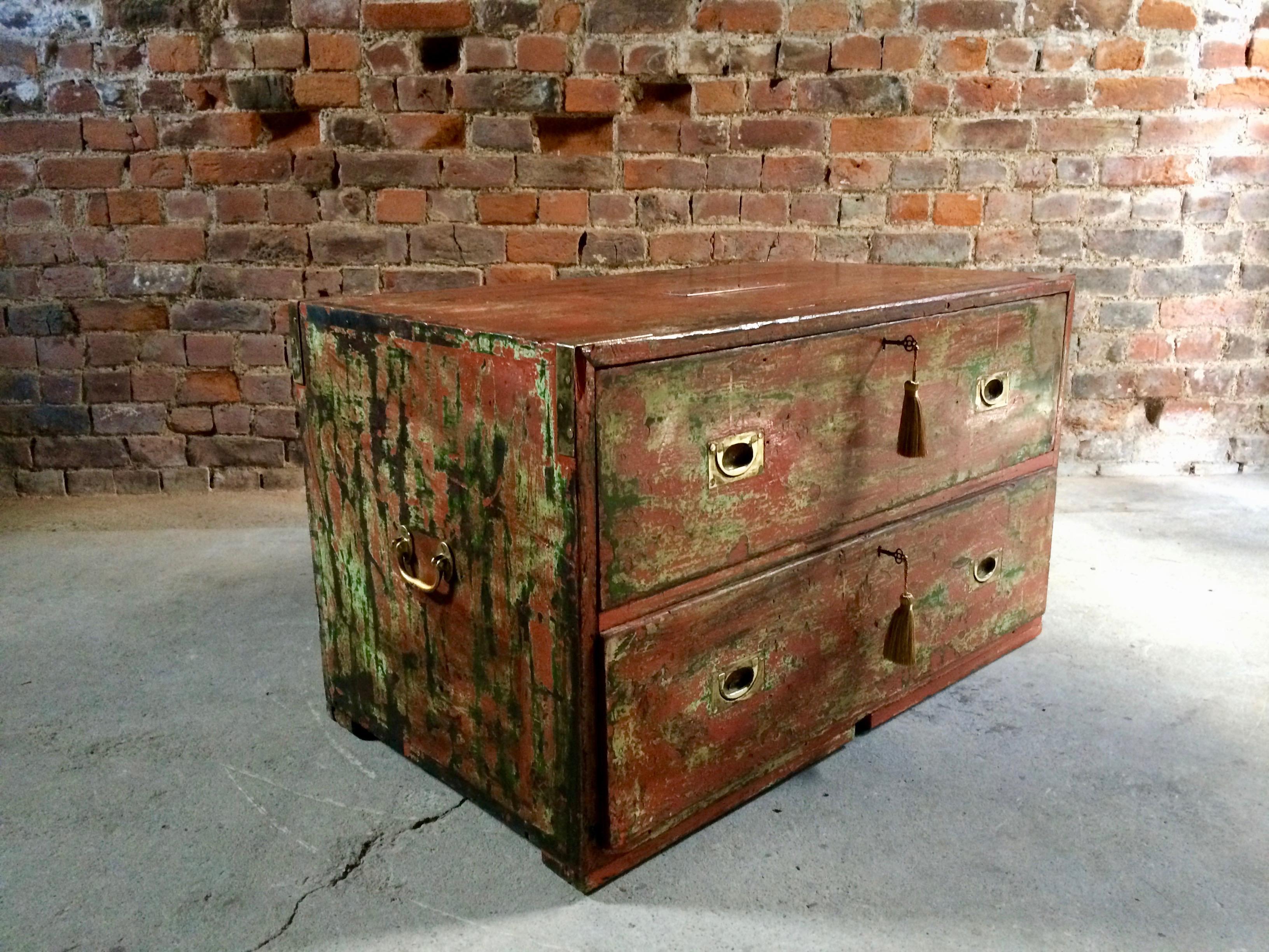 Antique Campaign Chest of Drawers Coffee Table Distressed Painted Victorian 5