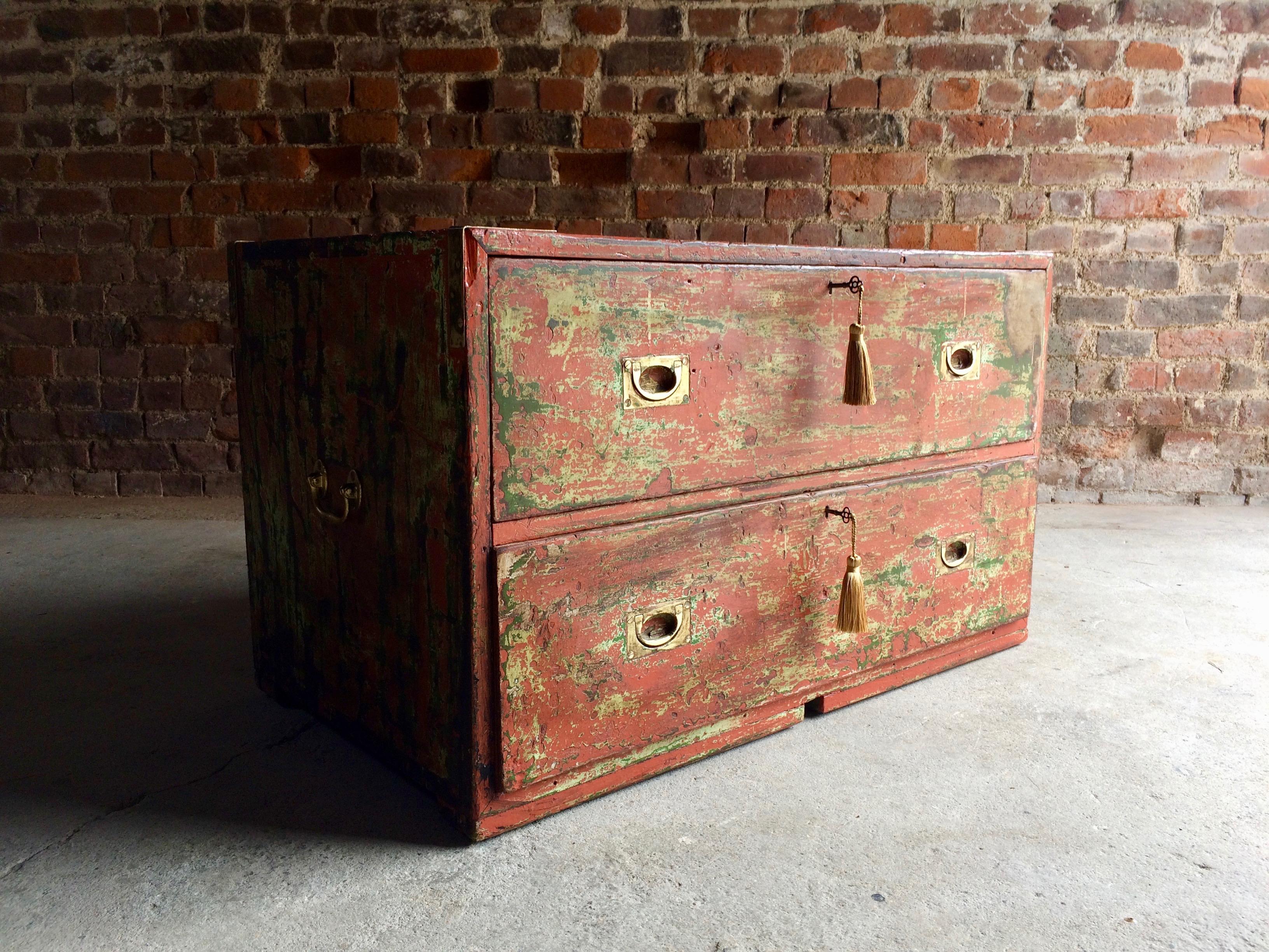 Fabulous painted and heavily distressed antique 19th century mahogany brass bound campaign chest of drawers, circa 1850, the rectangular top complete with brass plaque and brass corner protectors over two short and one long drawer, all fitted with