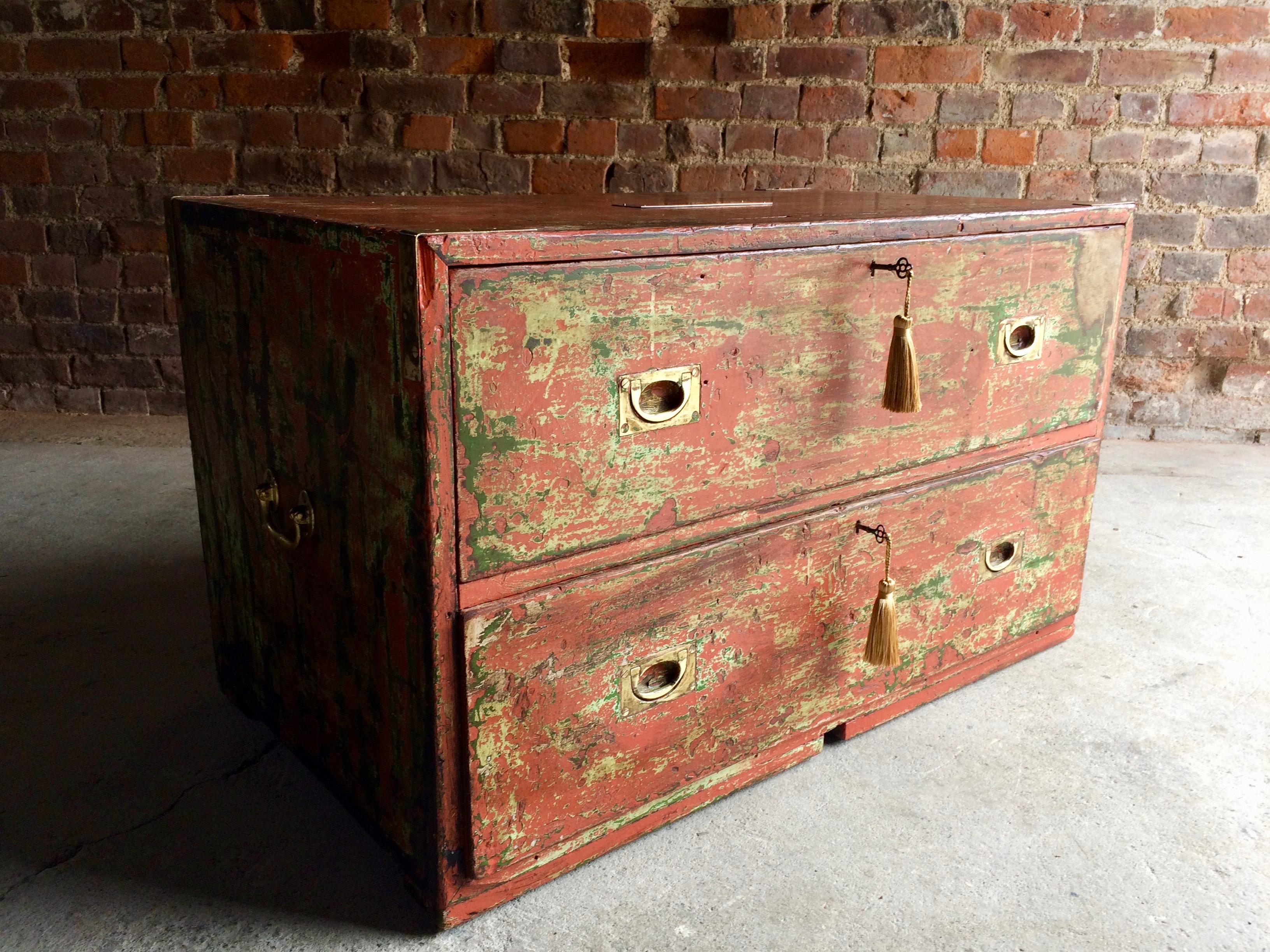 English Antique Campaign Chest of Drawers Coffee Table Distressed Painted Victorian