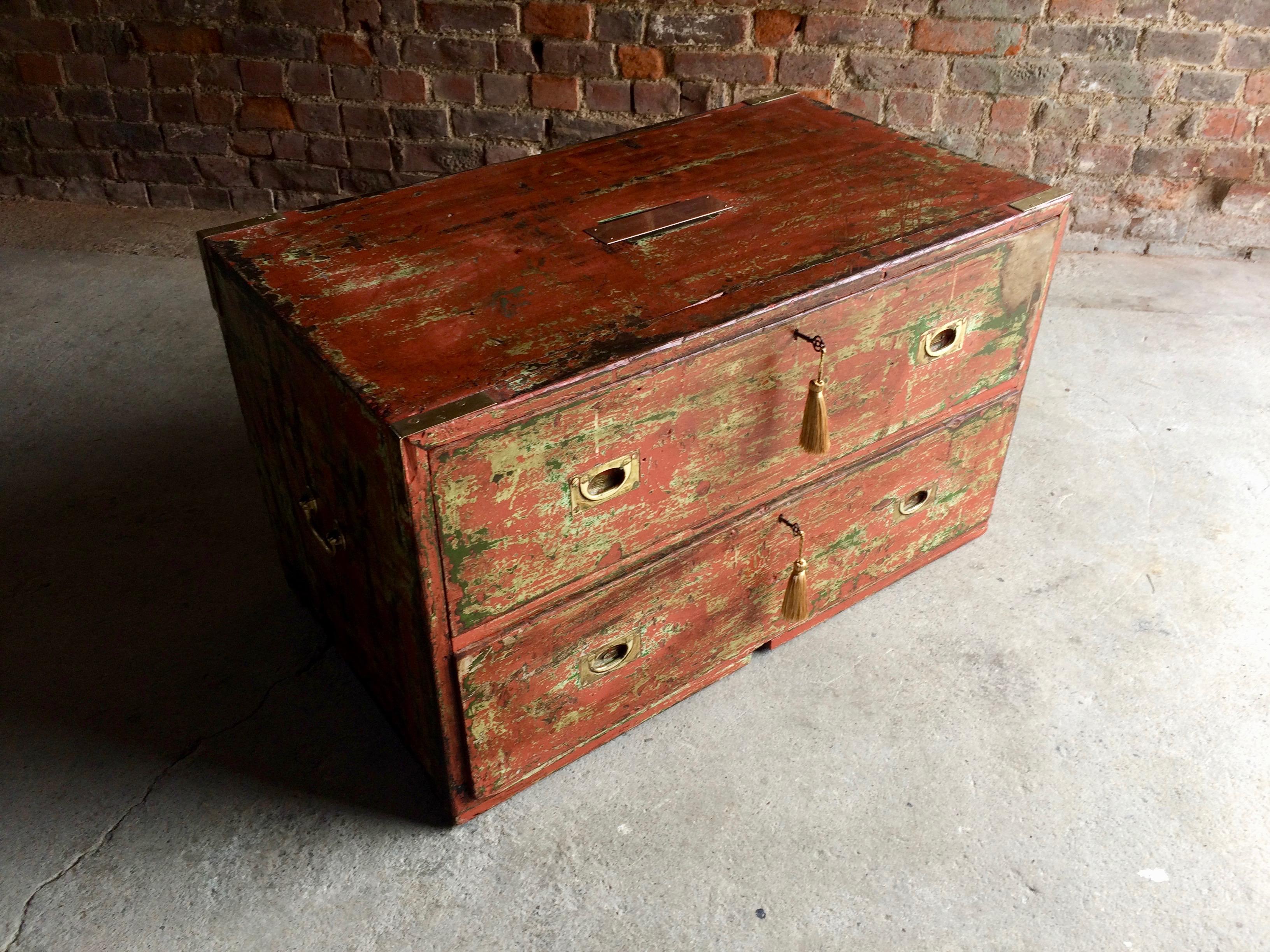 Antique Campaign Chest of Drawers Coffee Table Distressed Painted Victorian In Distressed Condition In Longdon, Tewkesbury