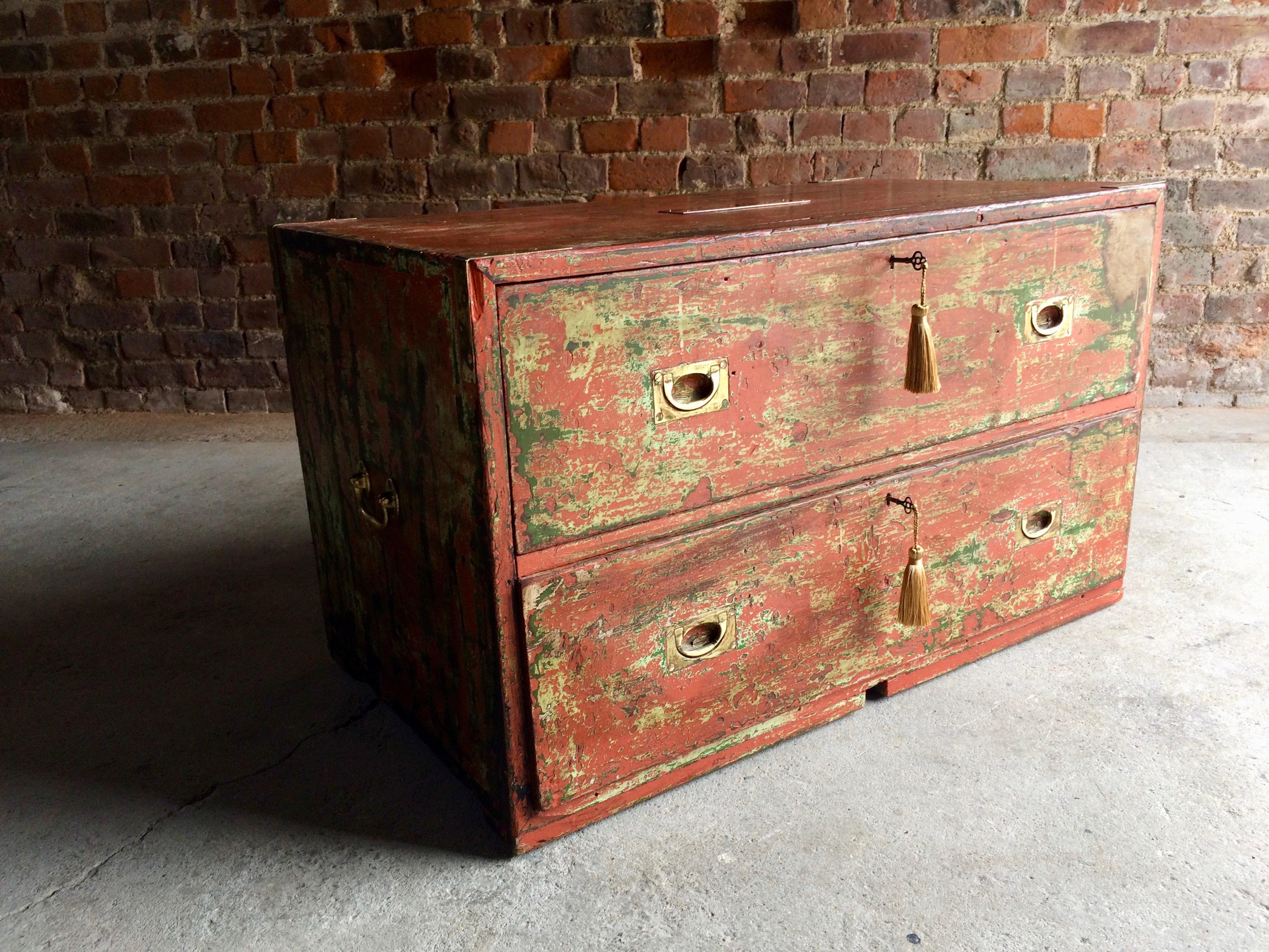 Mid-19th Century Antique Campaign Chest of Drawers Coffee Table Distressed Painted Victorian