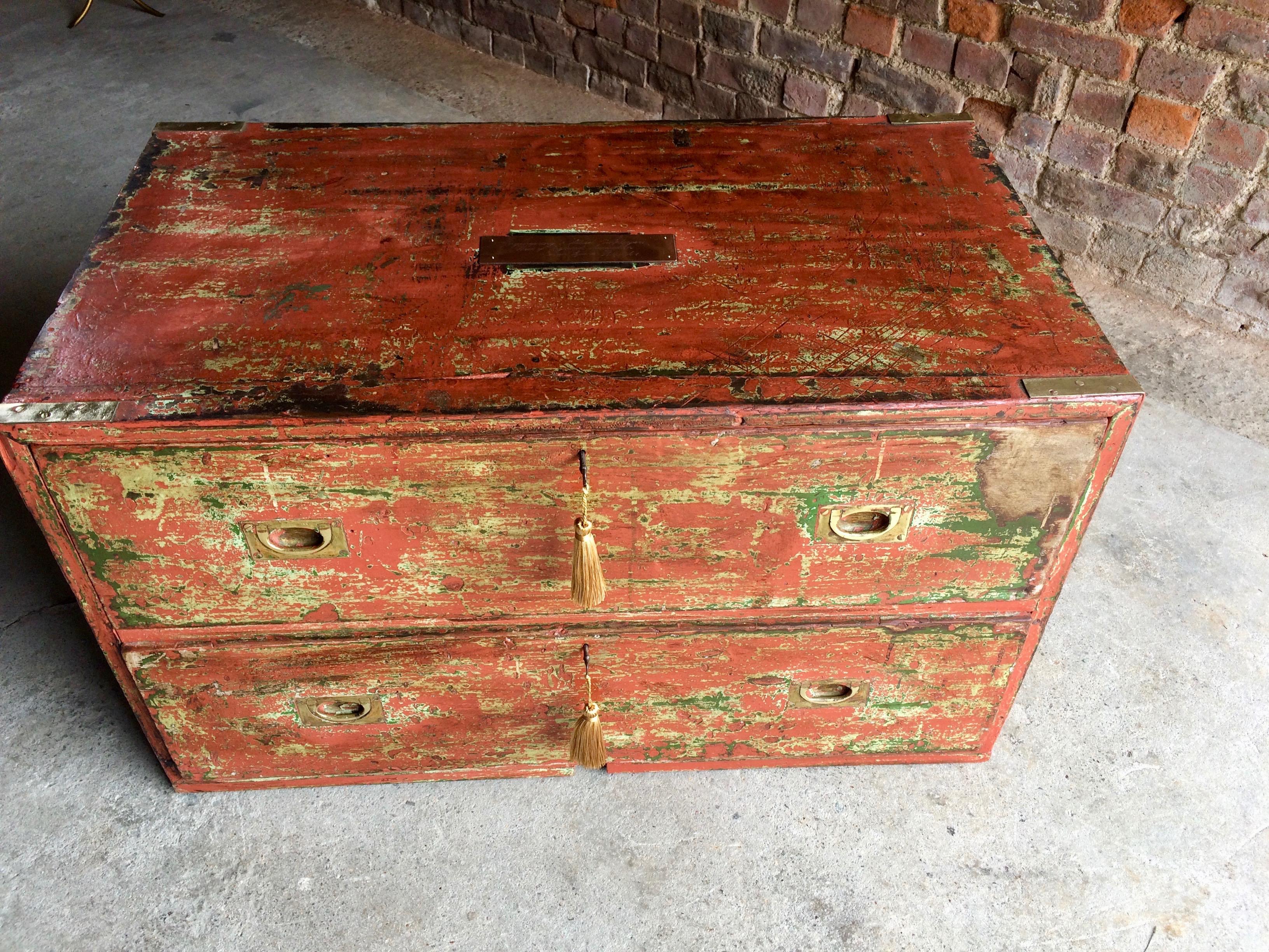 Mahogany Antique Campaign Chest of Drawers Coffee Table Distressed Painted Victorian