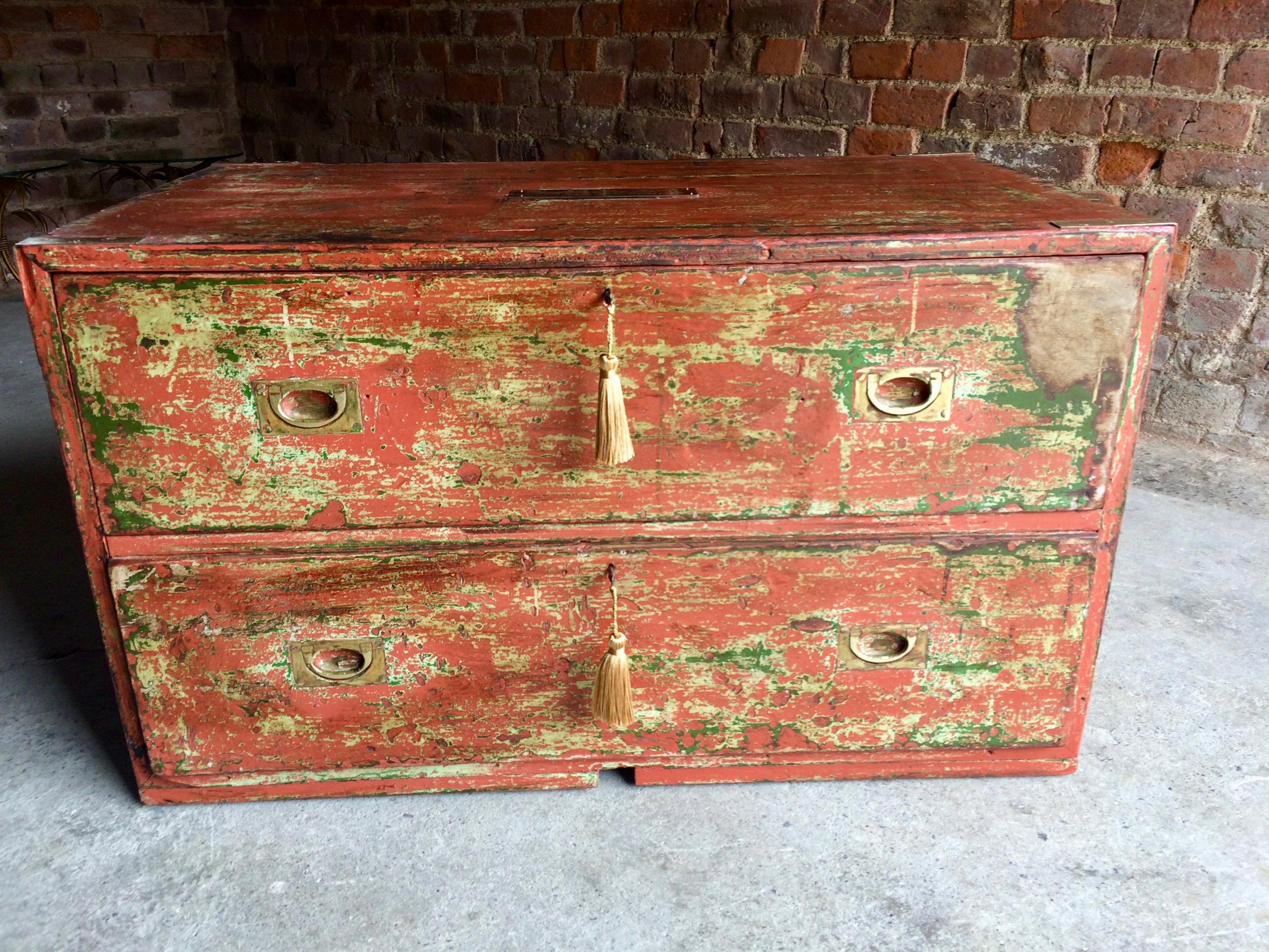 Antique Campaign Chest of Drawers Coffee Table Distressed Painted Victorian 1