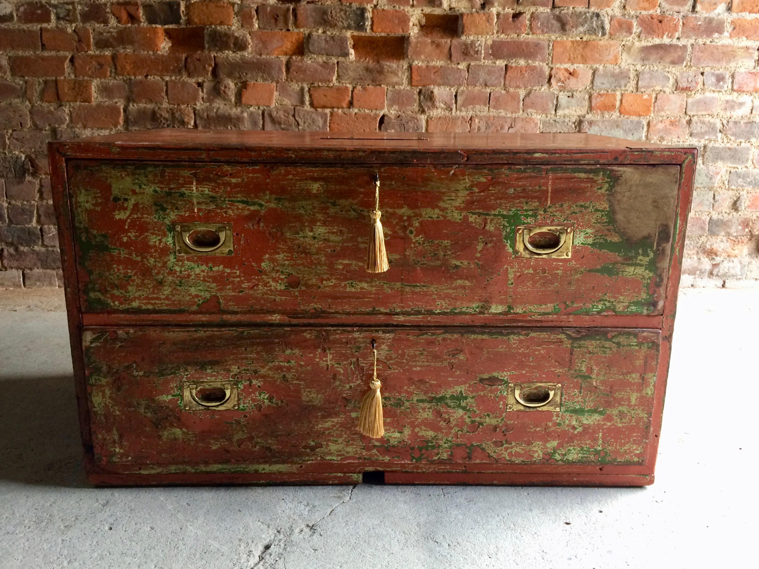 Antique Campaign Chest of Drawers Coffee Table Distressed Painted Victorian 3