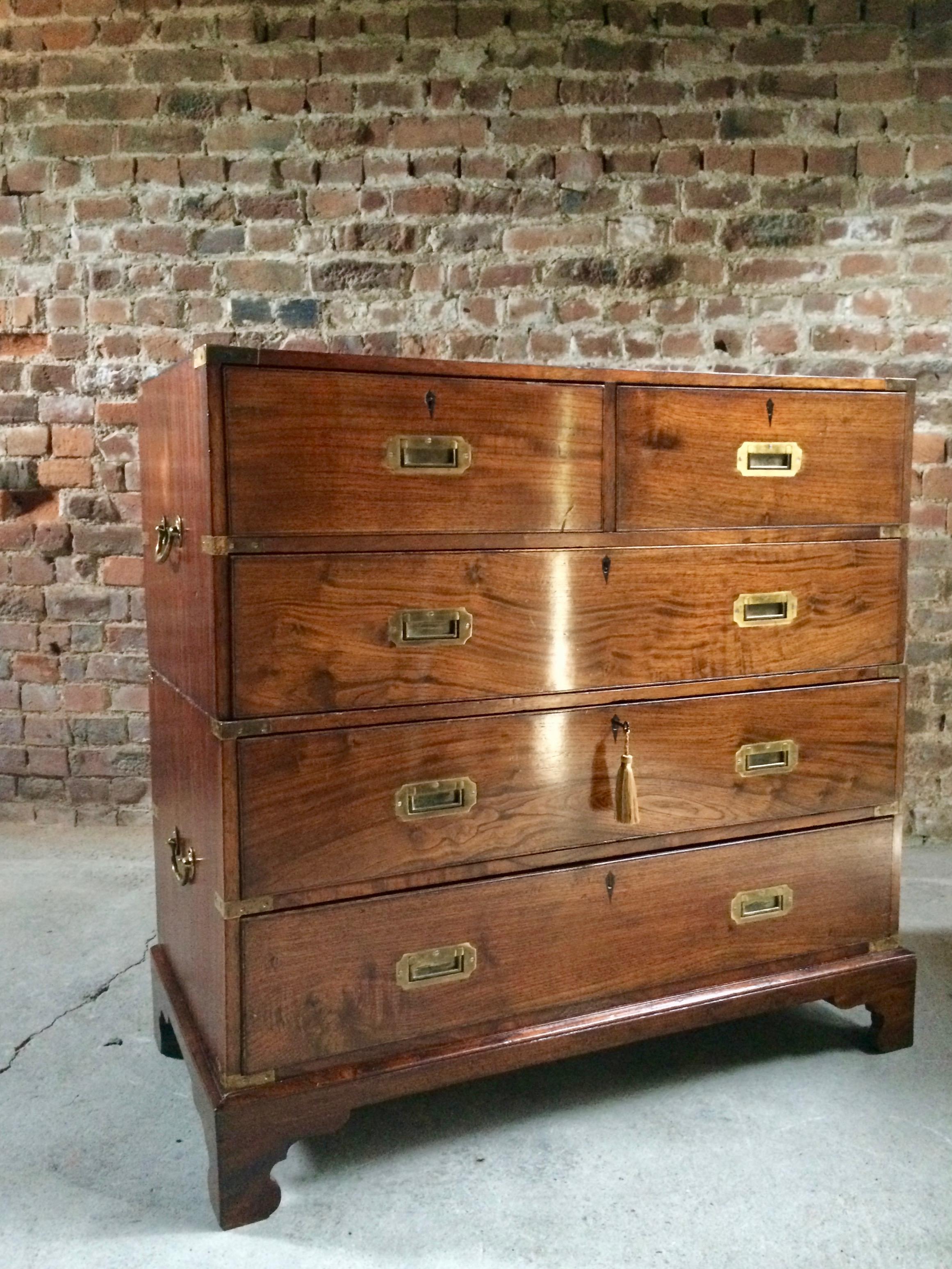 Antique 19th century mahogany brass-mounted campaign chest of drawers circa 1860, the rectangular top complete with brass corner protectors over two short and three longer graduated drawers all camphor wood lined, all fitted with campaign brass