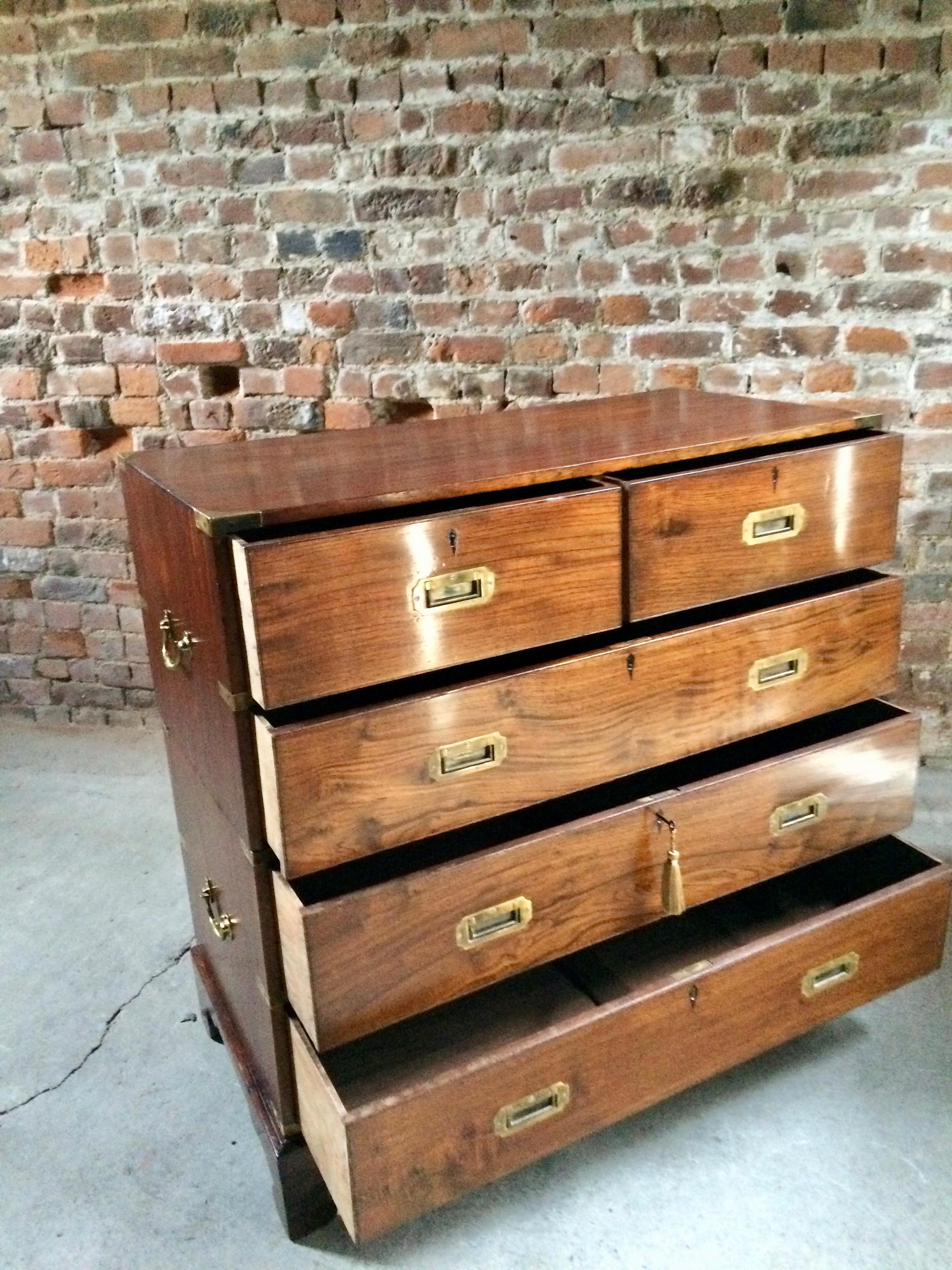 Brass Antique Campaign Chest of Drawers Dresser Mahogany circa 1860 Victorian No.4