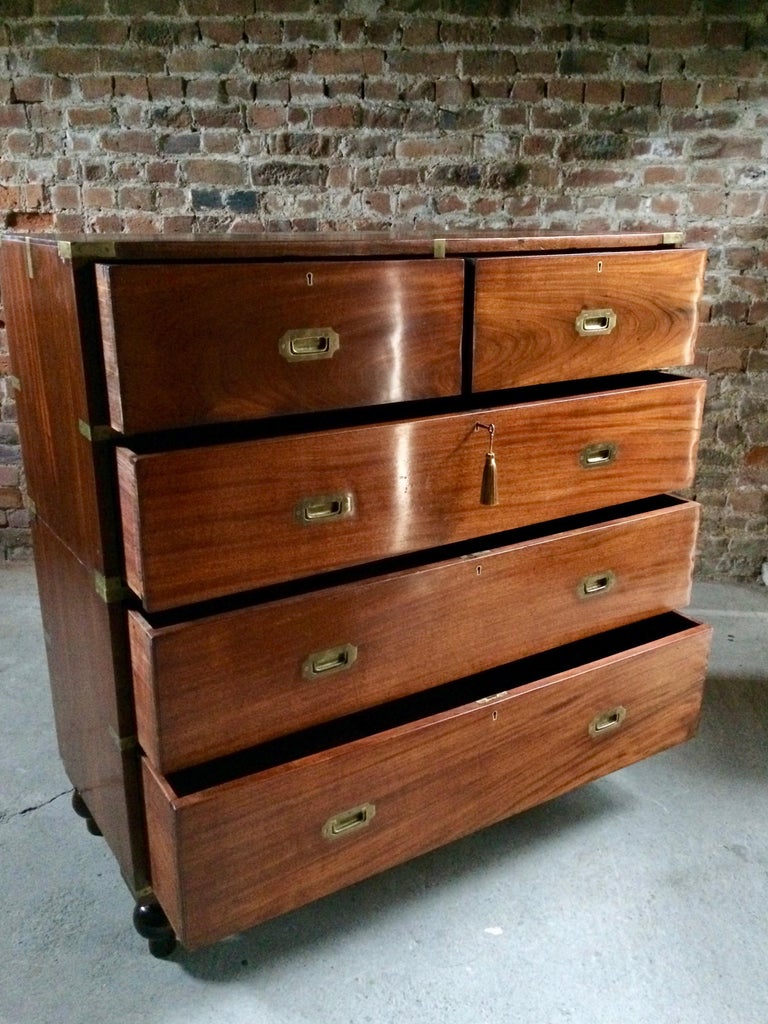 Antique Campaign Chest of Drawers Dresser Mahogany Tall Military