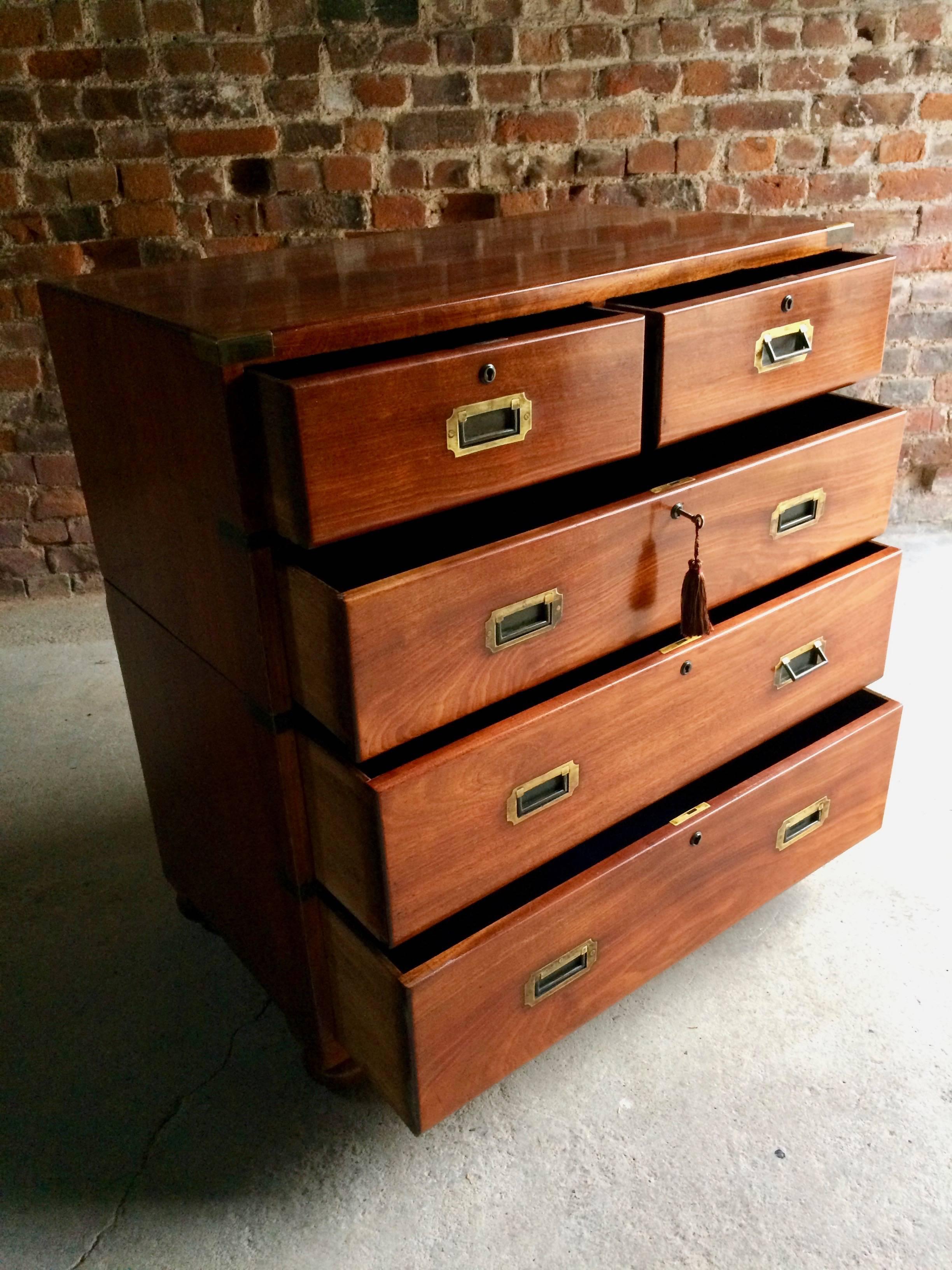 Antique Campaign Chest of Drawers Dresser Teak Military Victorian No.1 In Excellent Condition In Longdon, Tewkesbury