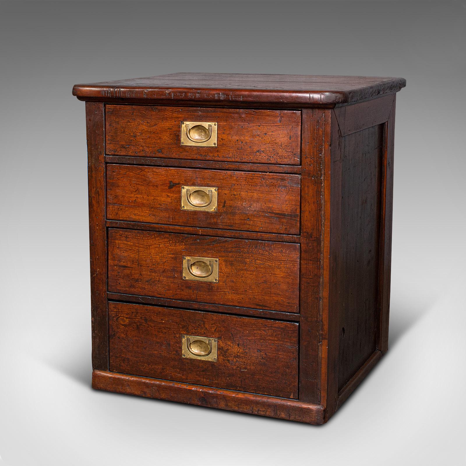British Antique Campaign Chest of Drawers, English, Pitch Pine, Shop Retail, Victorian For Sale