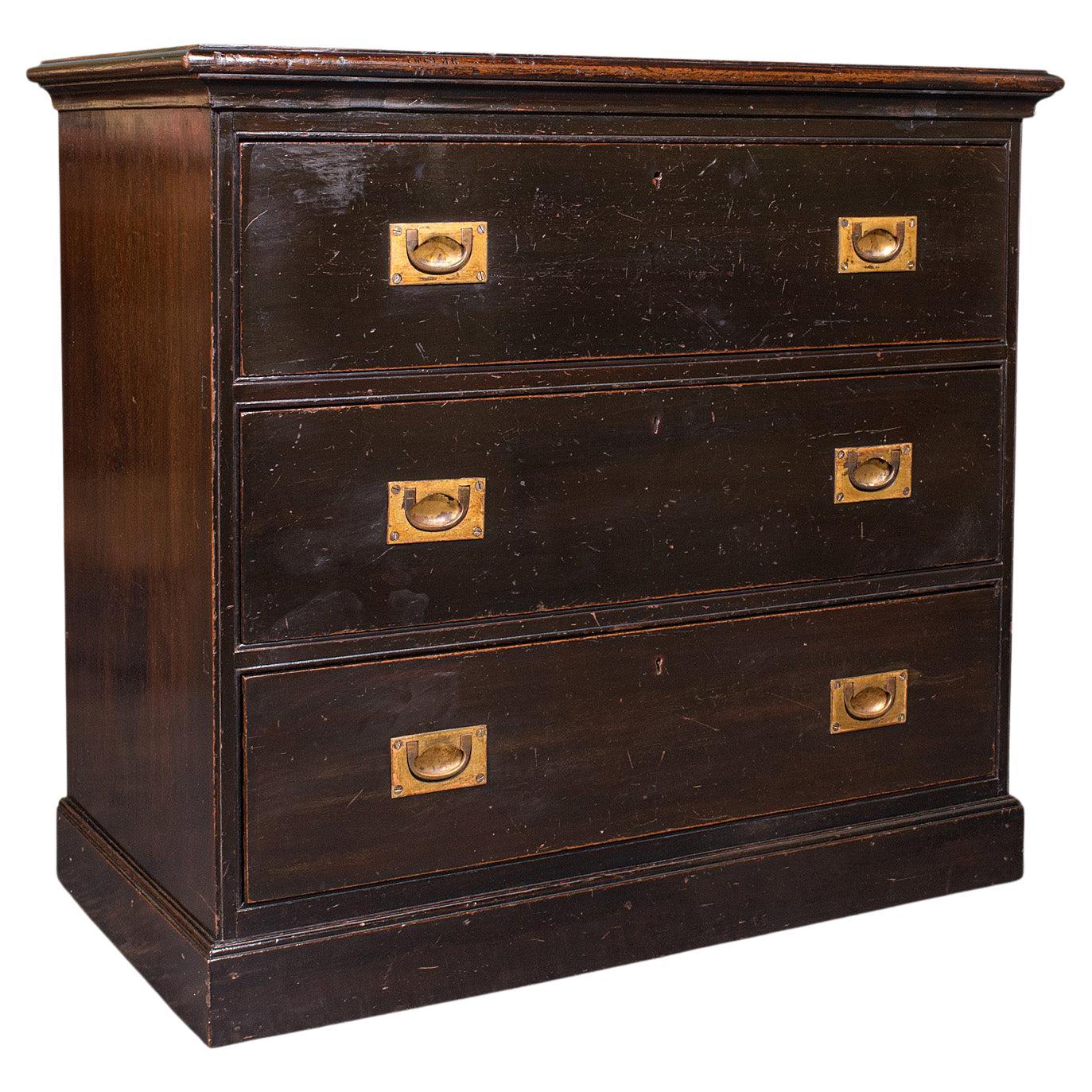 Antique Campaign Chest of Drawers, Teak, Lowboy, Brass, Victorian, Circa 1880 For Sale