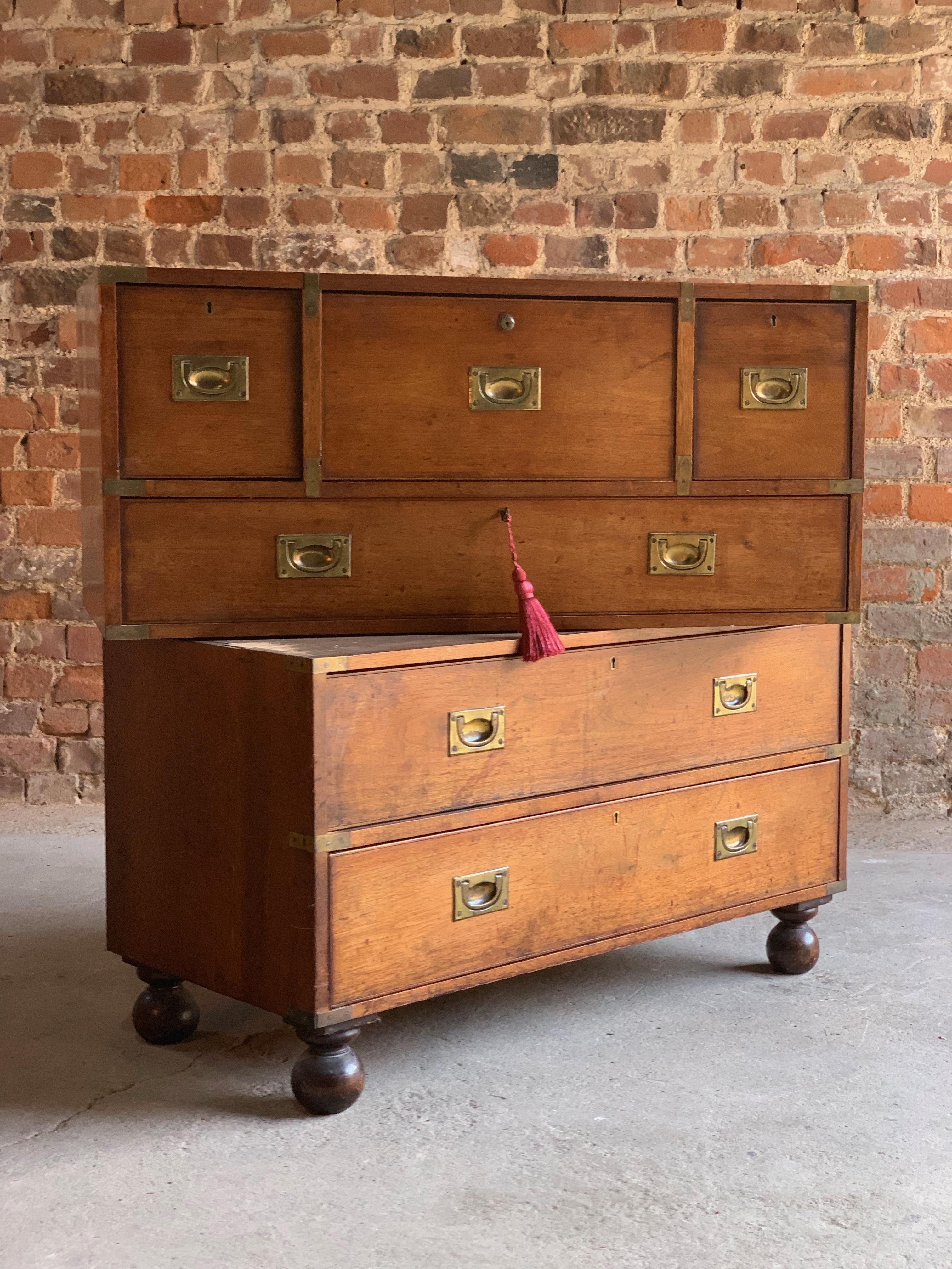 Antique Campaign Secretaire Chest of Drawers Teak Victorian Number 30 In Good Condition In Longdon, Tewkesbury