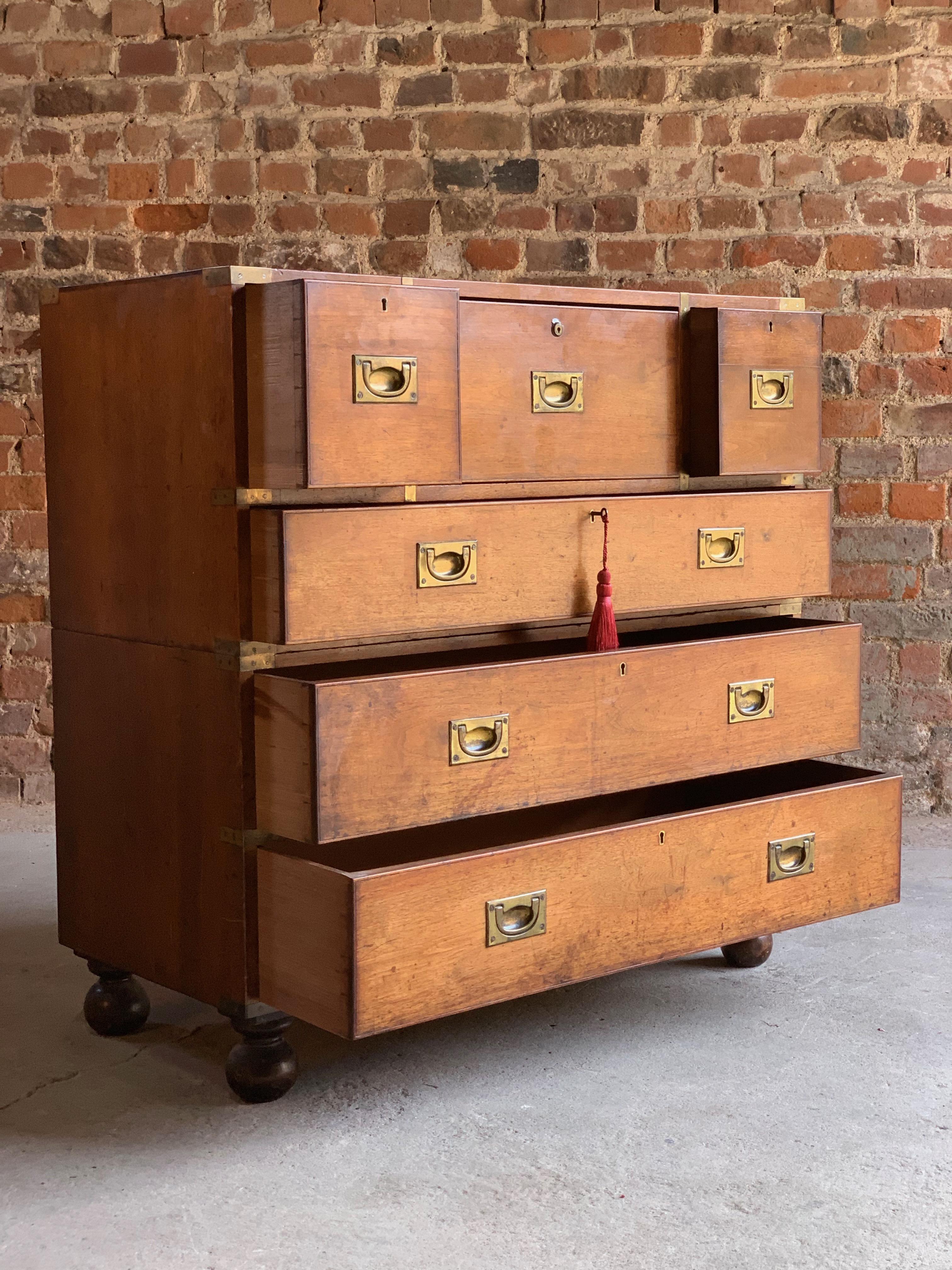 Brass Antique Campaign Secretaire Chest of Drawers Teak Victorian Number 30