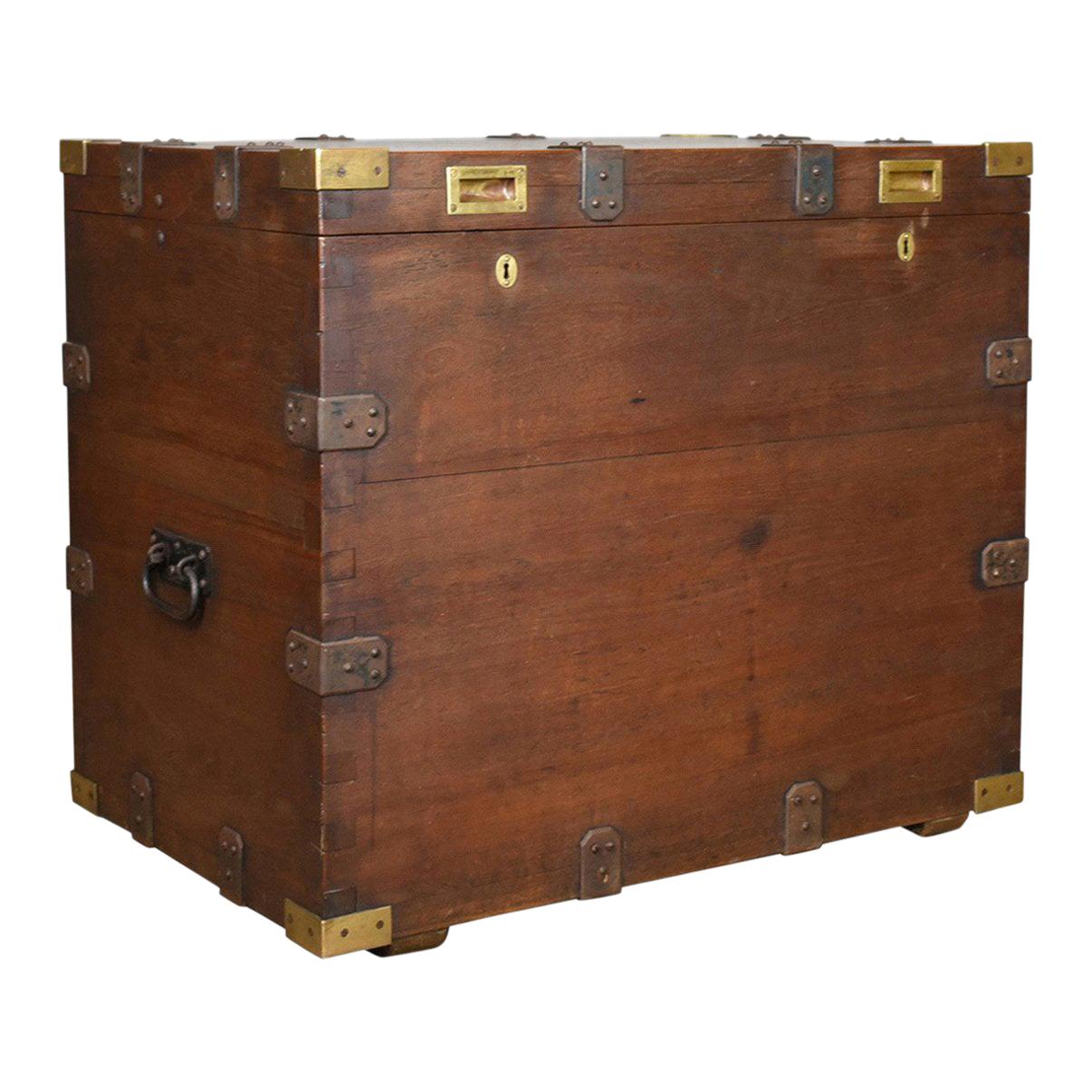 Antique Campaign Silver Chest, English, Oak, Victorian Trunk, Heavy