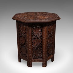 Antique Campaign Tea Table, Anglo-Indian, Carved, Lamp, Side, Victorian, C.1900