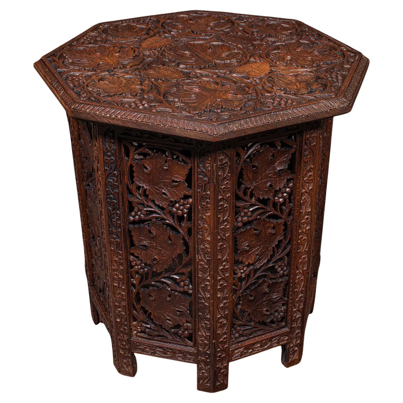 Antique Campaign Tea Table, Anglo-Indian, Carved, Lamp, Side, Victorian, C.1900
