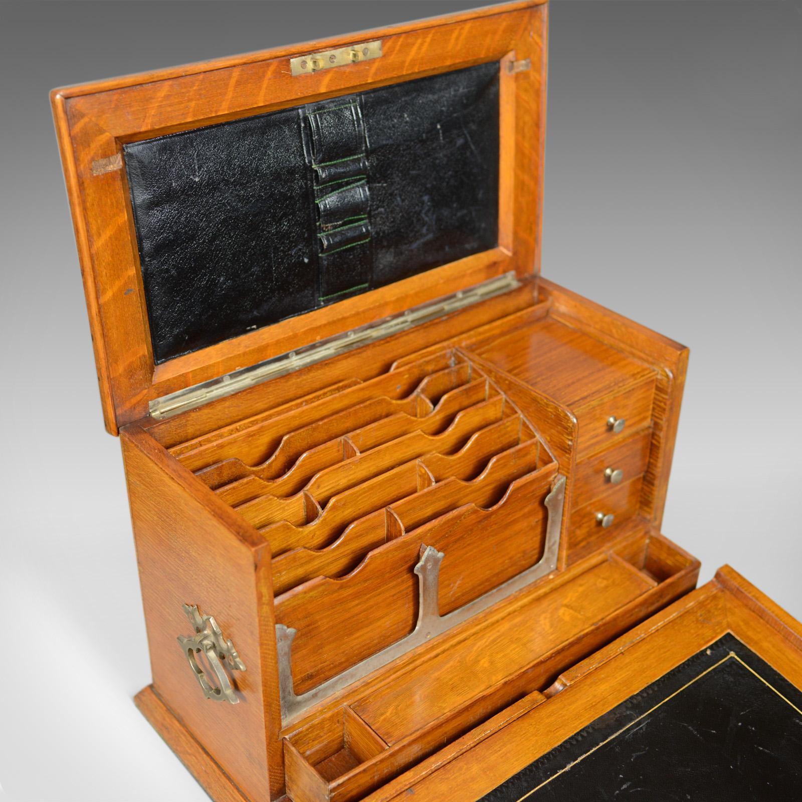Antique Campaign Writing Box, English, Victorian, Oak, Stationery, 1887 In Good Condition In Hele, Devon, GB
