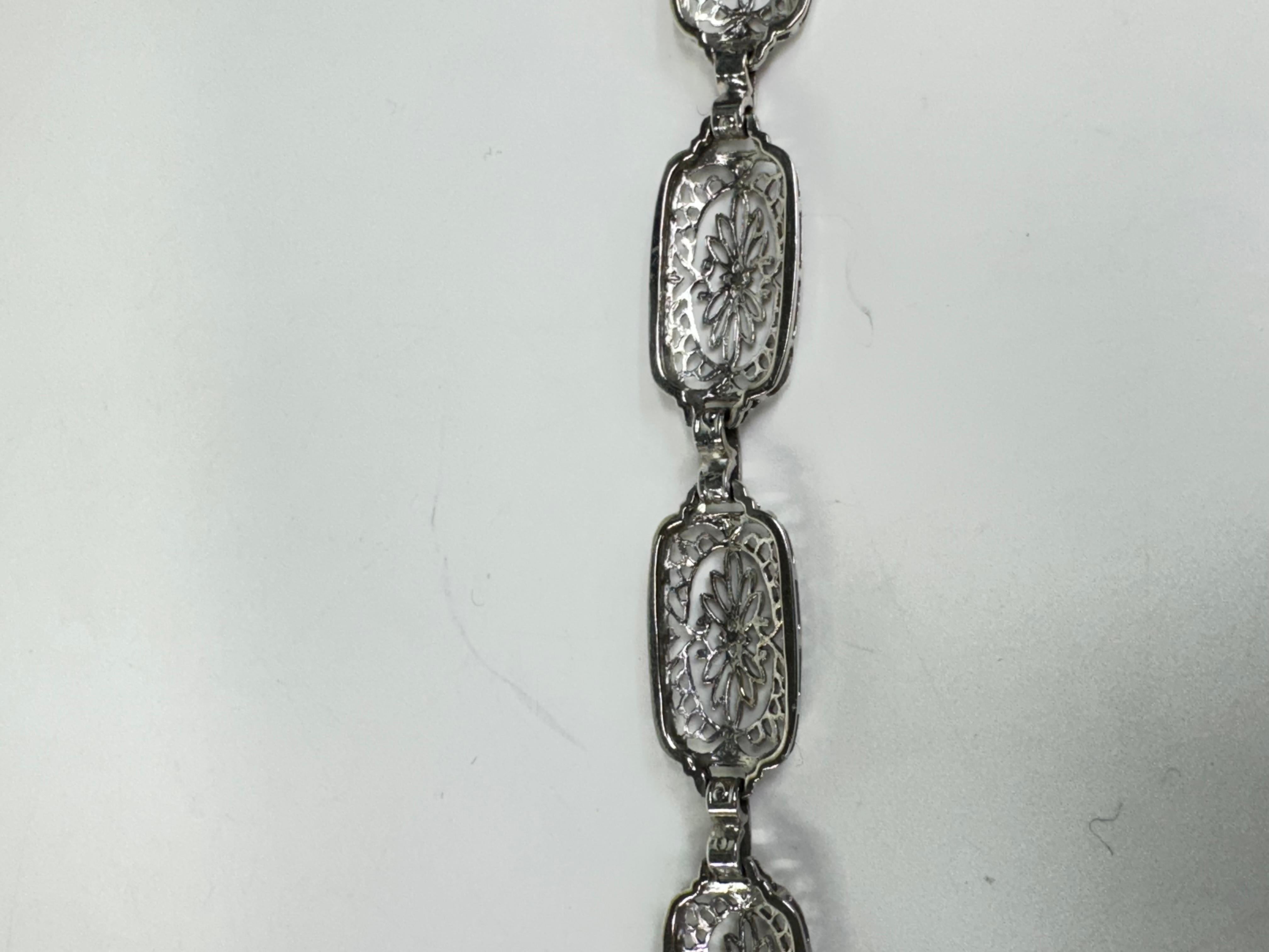 Art Deco Antique Camphor Glass 14k White Gold Filigree Panel Bracelet For Sale