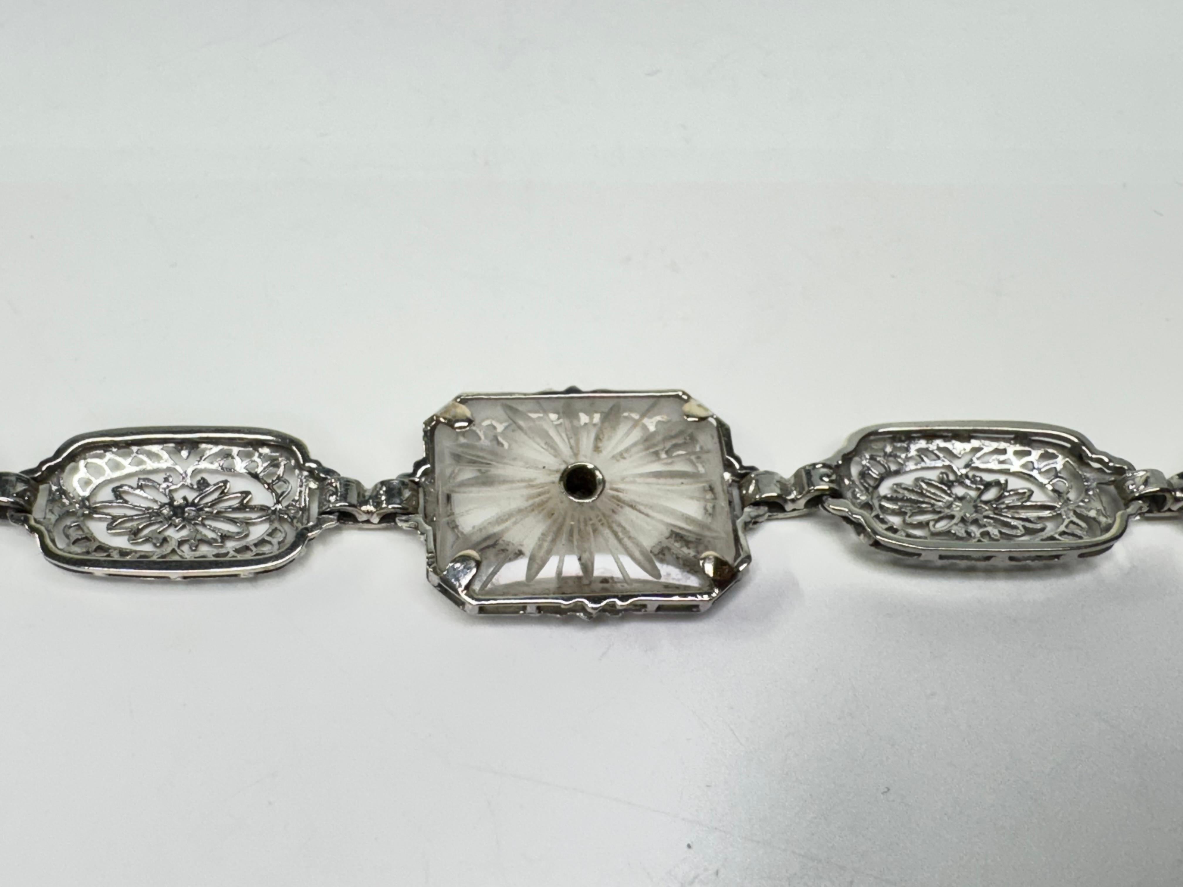 Antique Camphor Glass 14k White Gold Filigree Panel Bracelet In Good Condition For Sale In Palm Desert, CA